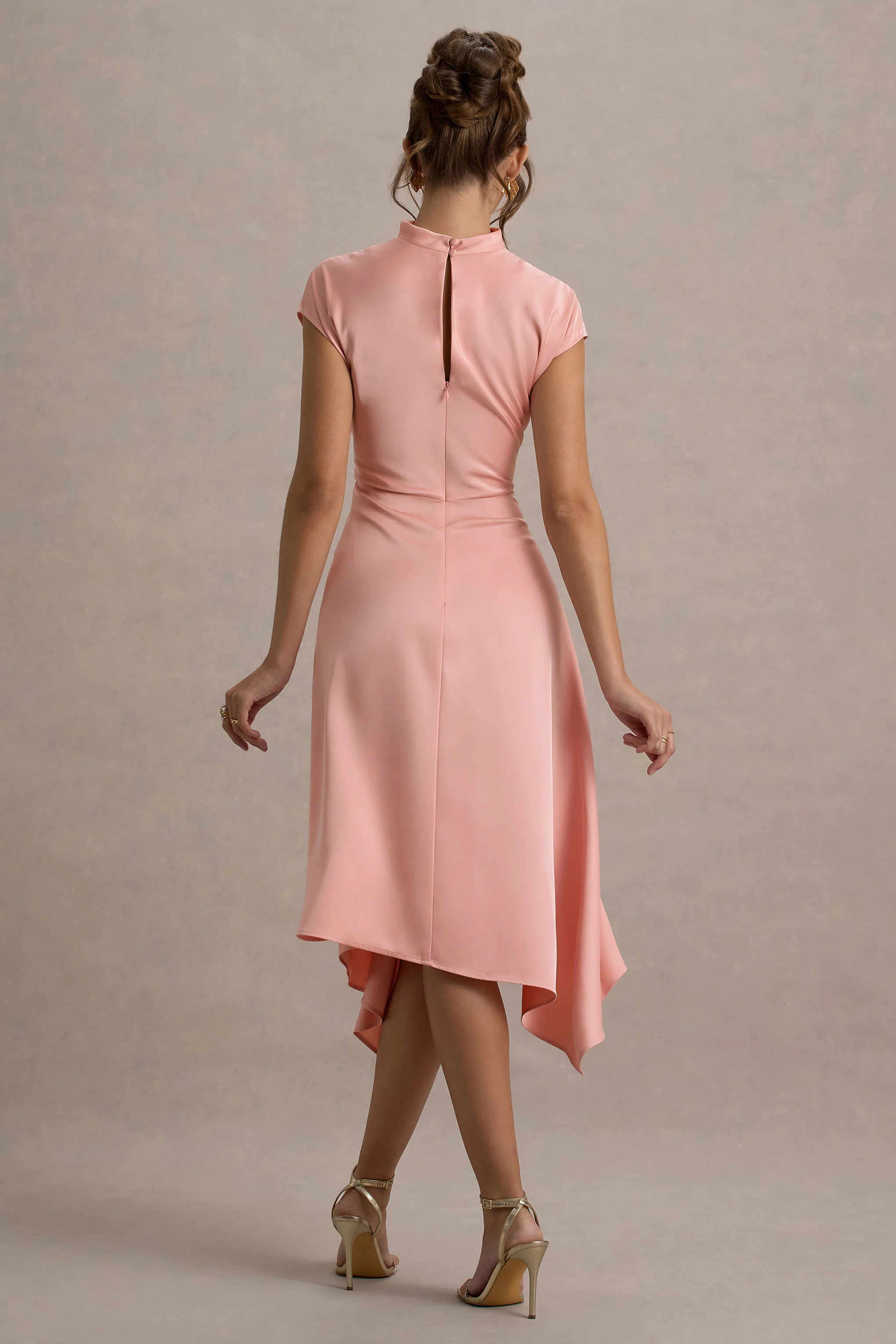 Light Pink Satin Midi Dress With Draped Hem