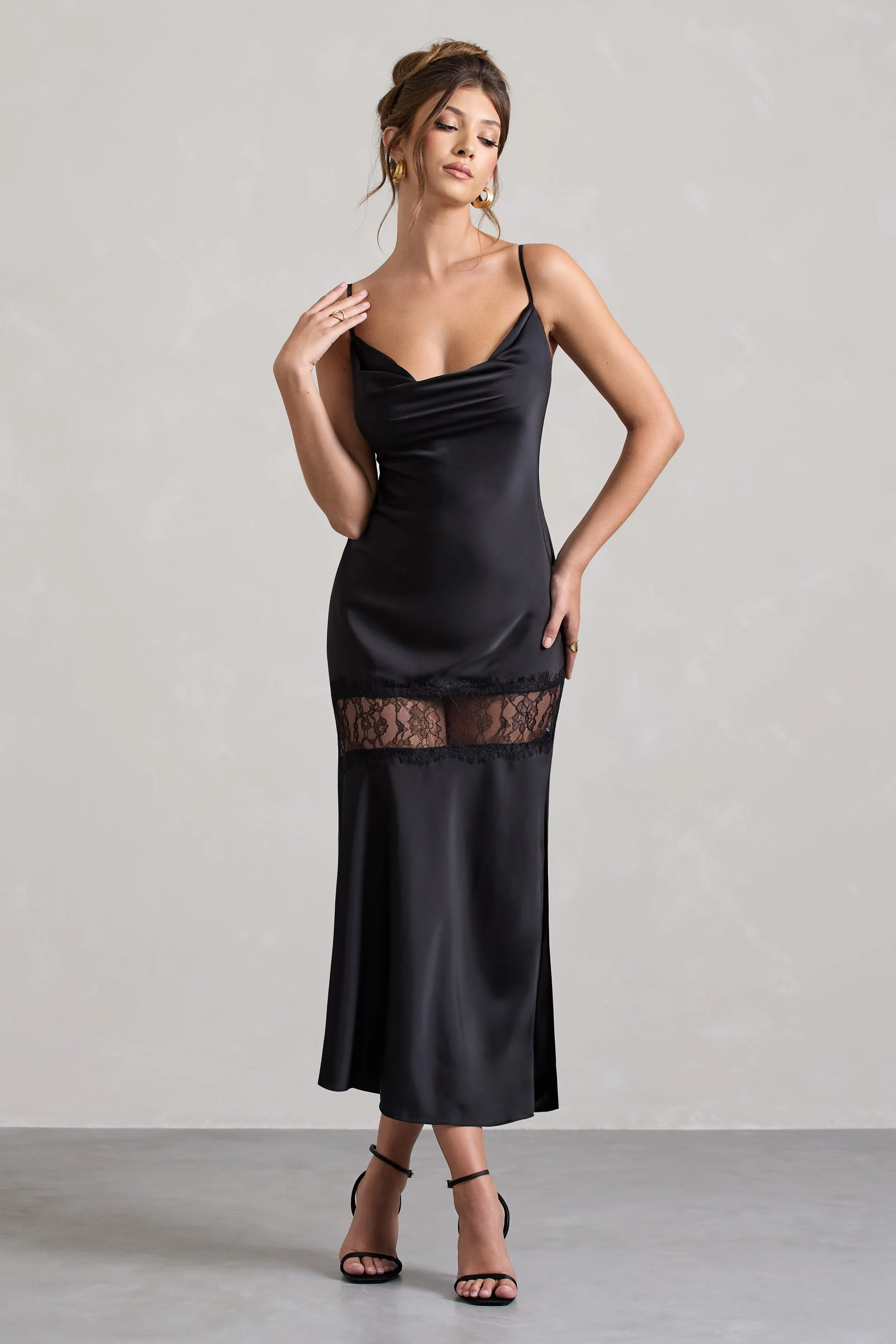 Black Satin Cowl-Neck Lace Trim Maxi Dress