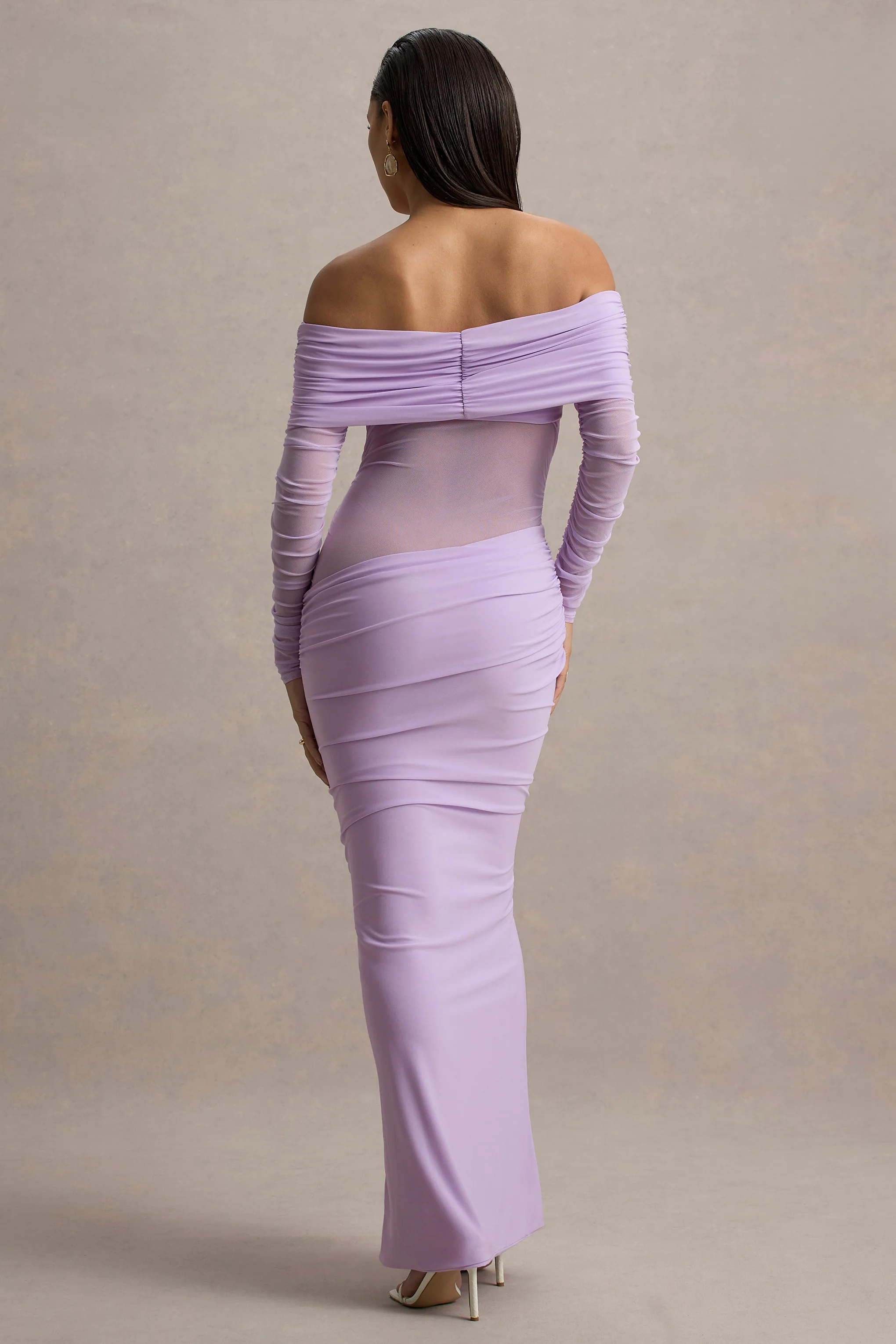 Lavender Semi-Sheer Bardot Gathered Maxi Dress