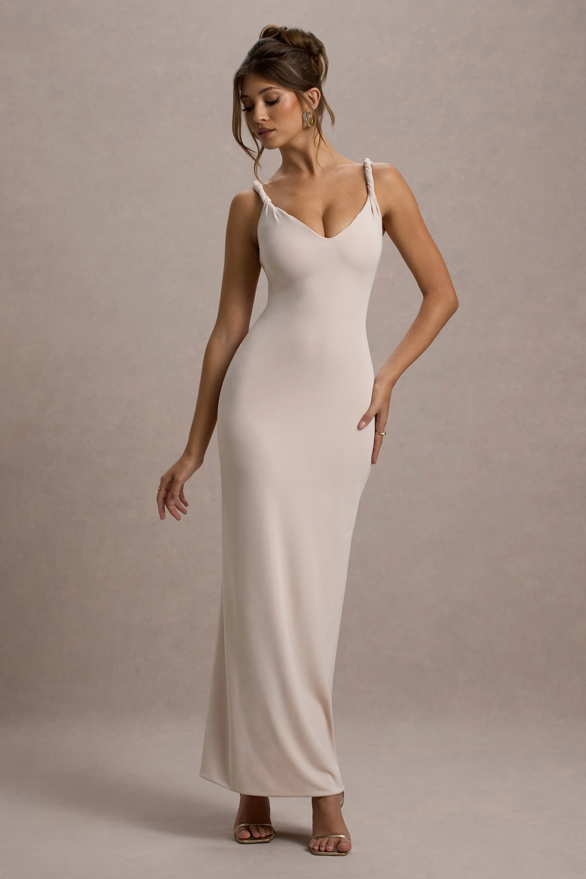 Champagne Twist-Neck Maxi Dress