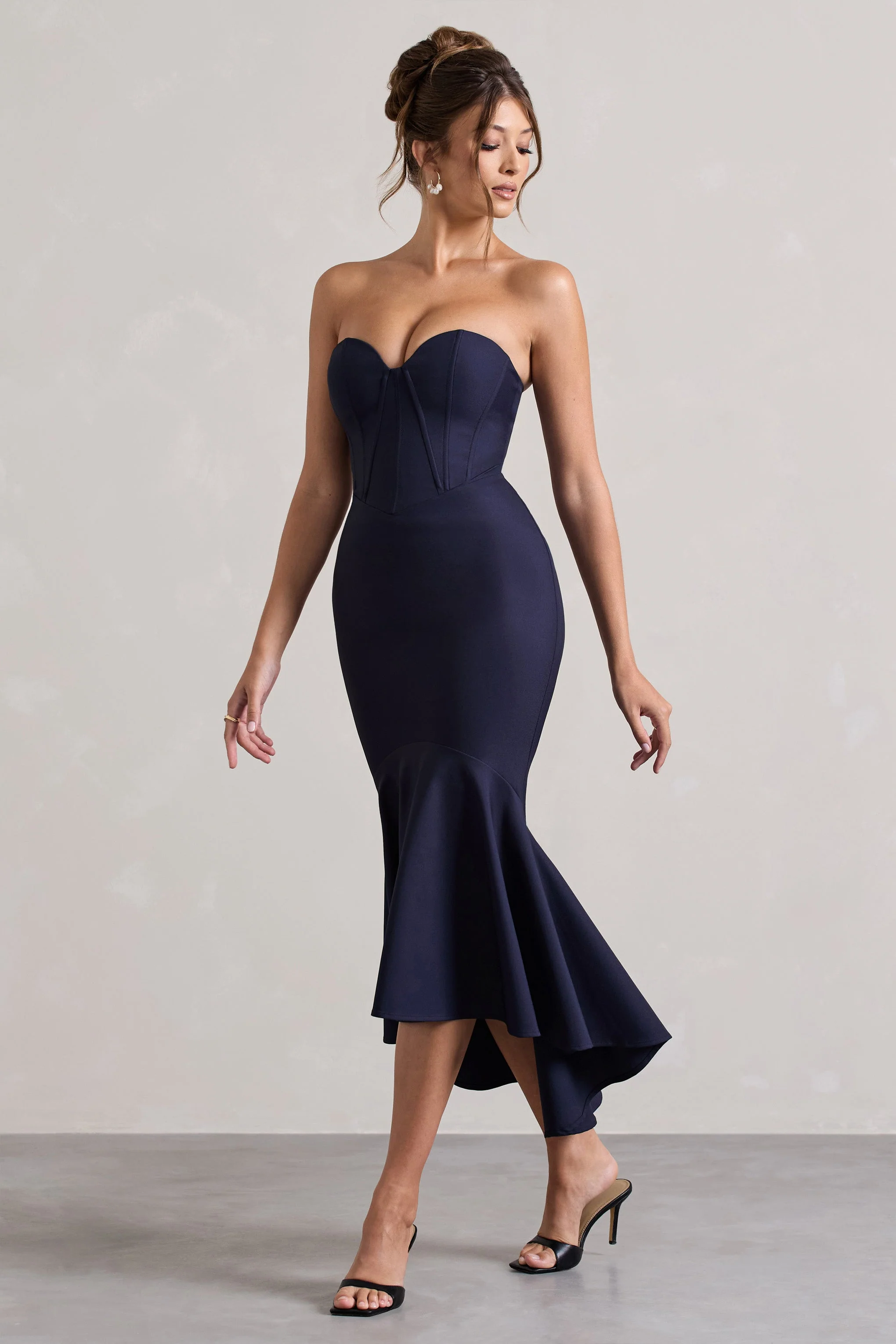 Navy Corset High-Low Midi Dress