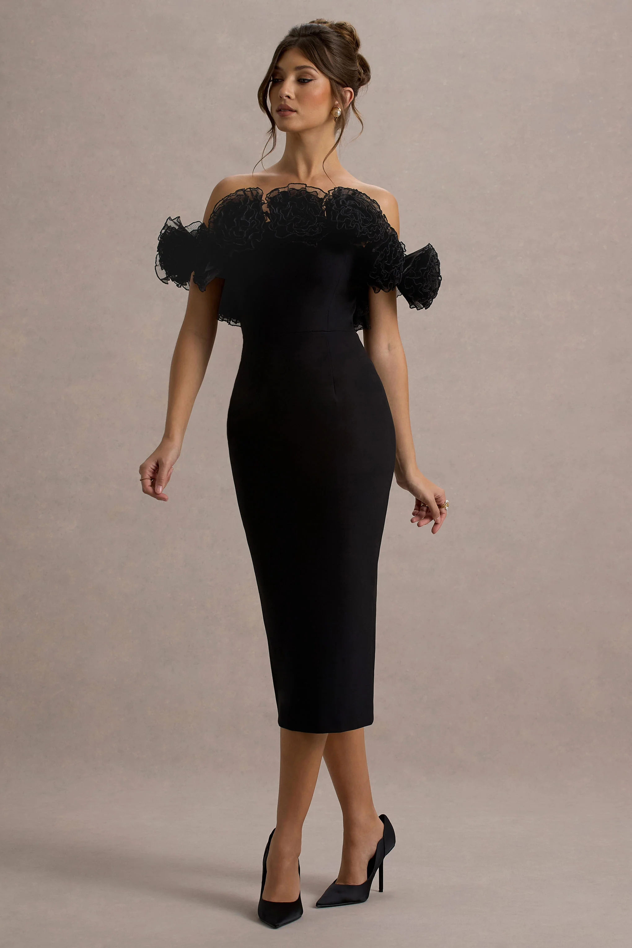 Black Bardot Midi Dress With Ruffle Trim