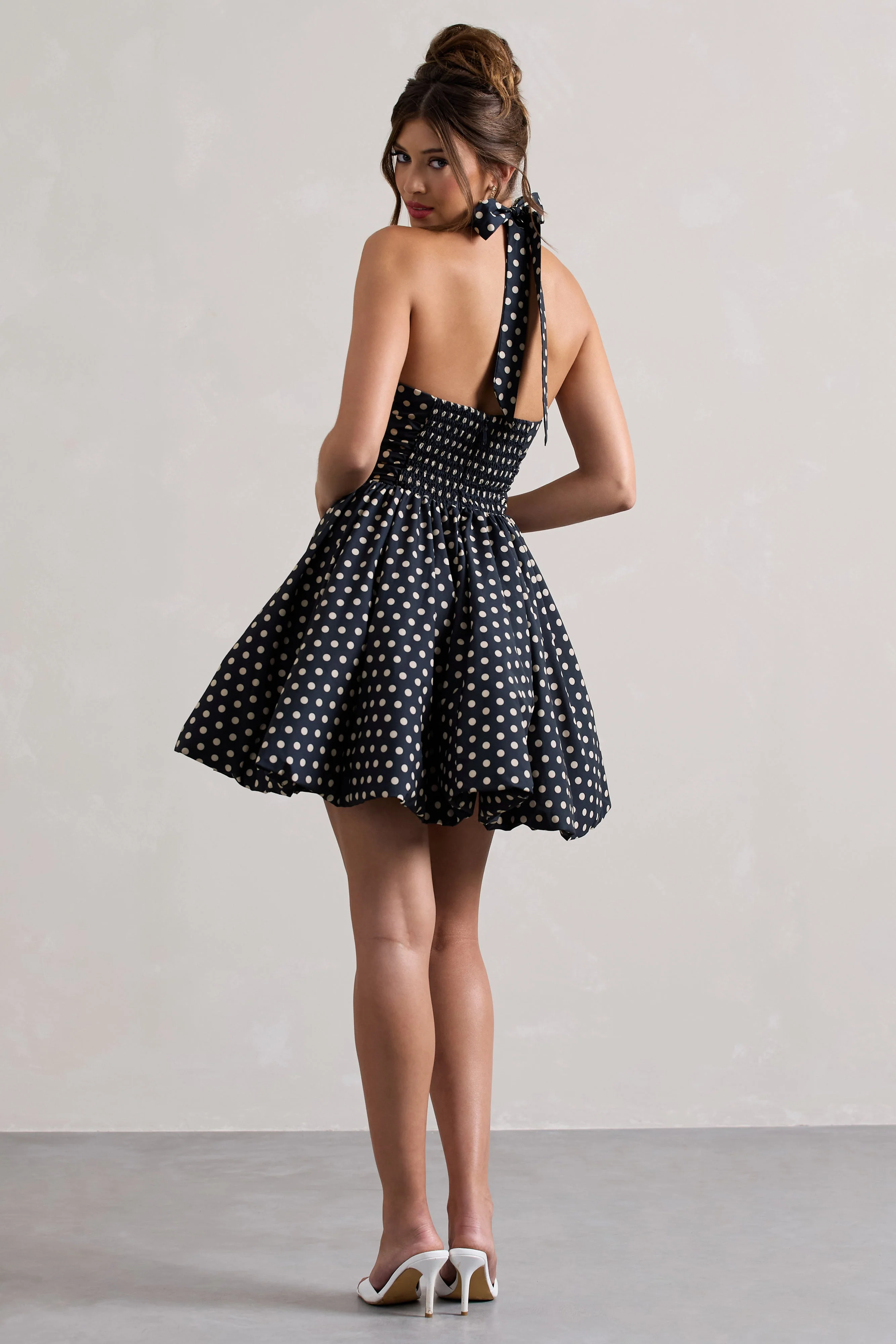Navy Polka Dot Halter-Neck Mini Dress