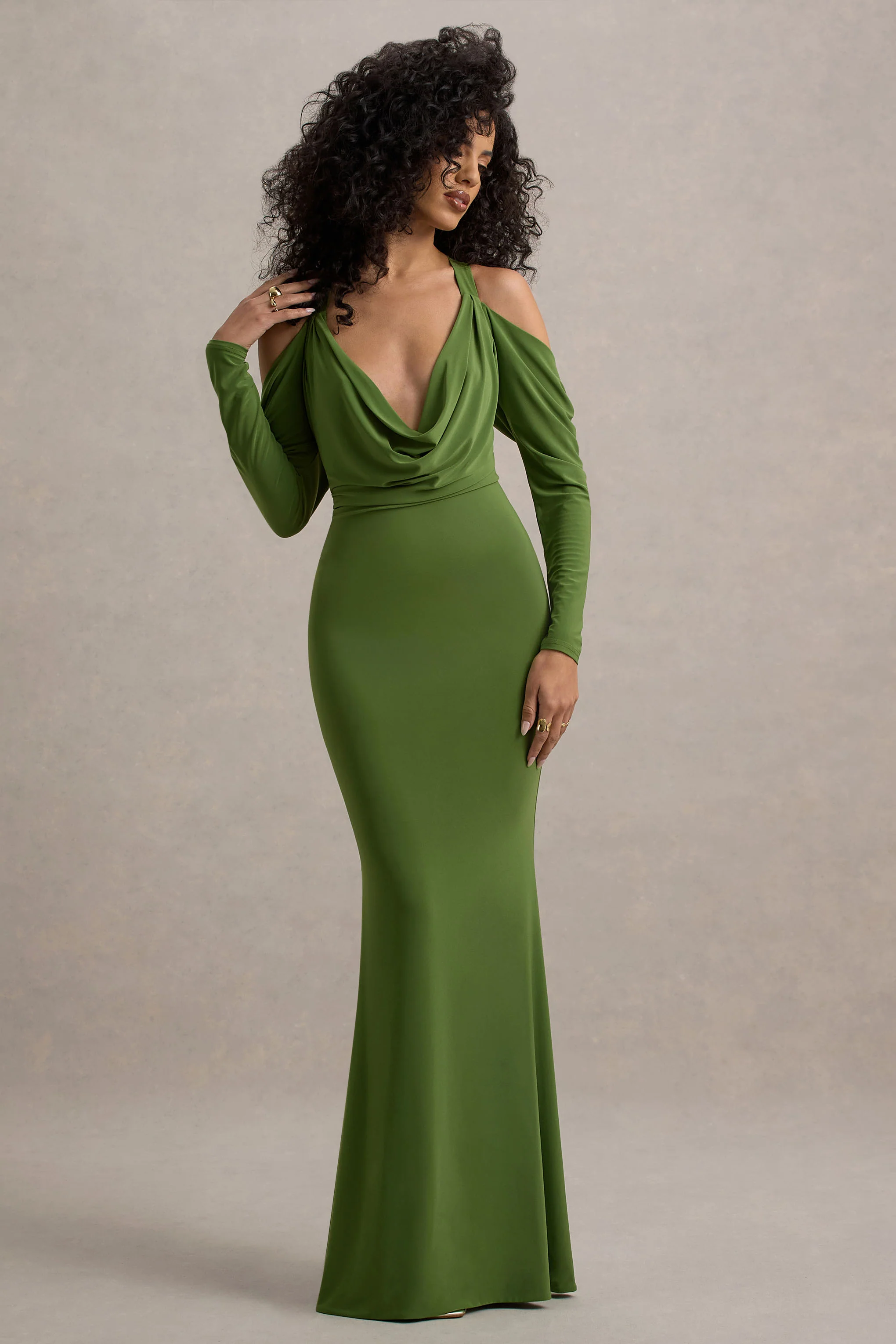 Green Plunge-Neck Long-Sleeve Maxi Dress