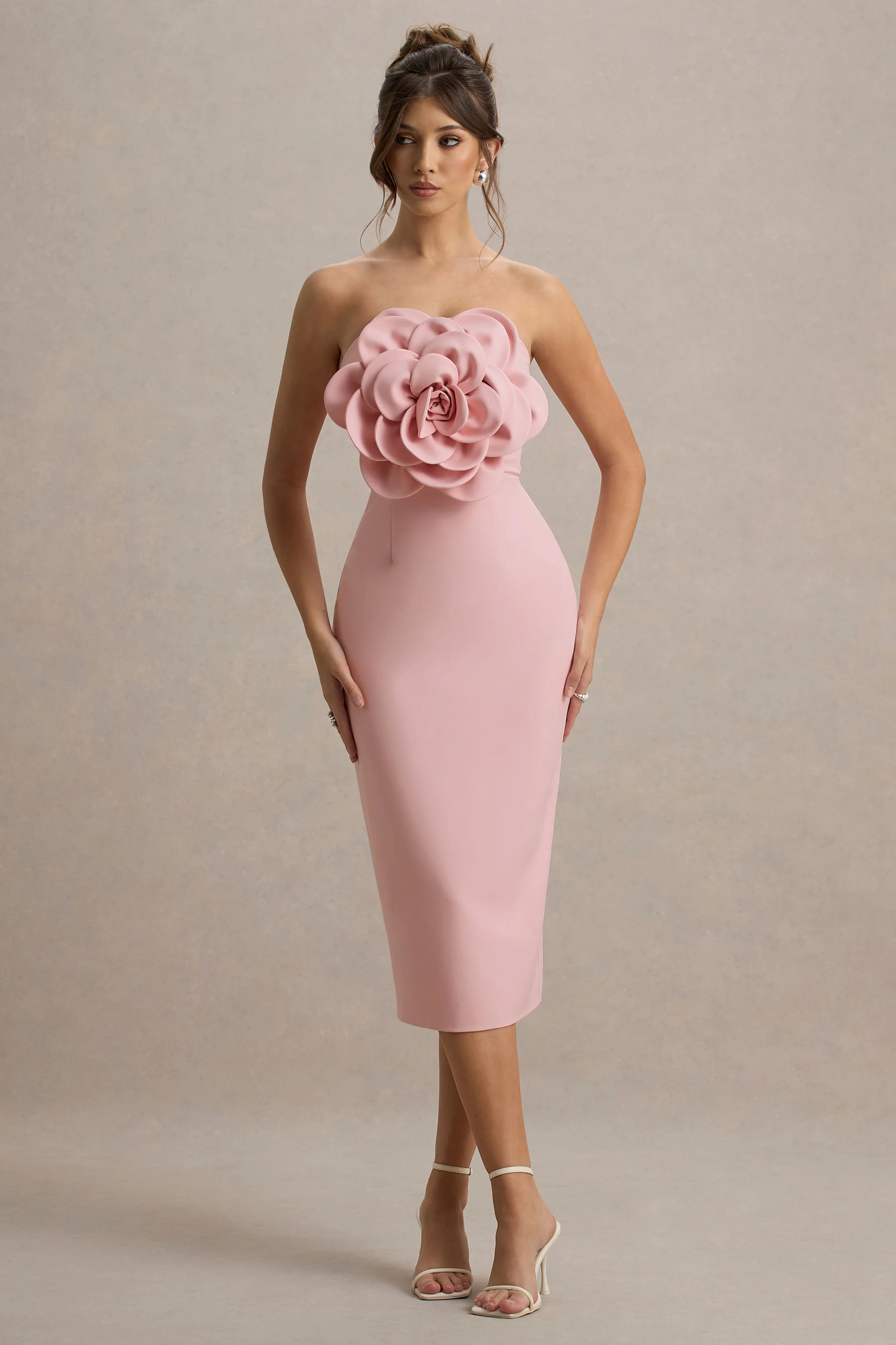 Pale Pink Bodycon Midi Dress With Large Floral Corsages