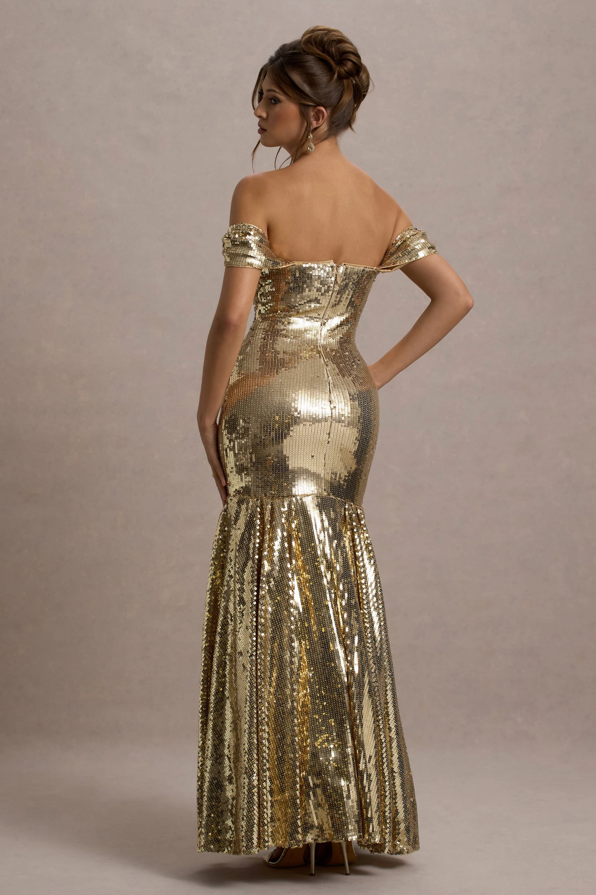 Gold Sequin Bardot Maxi Dress