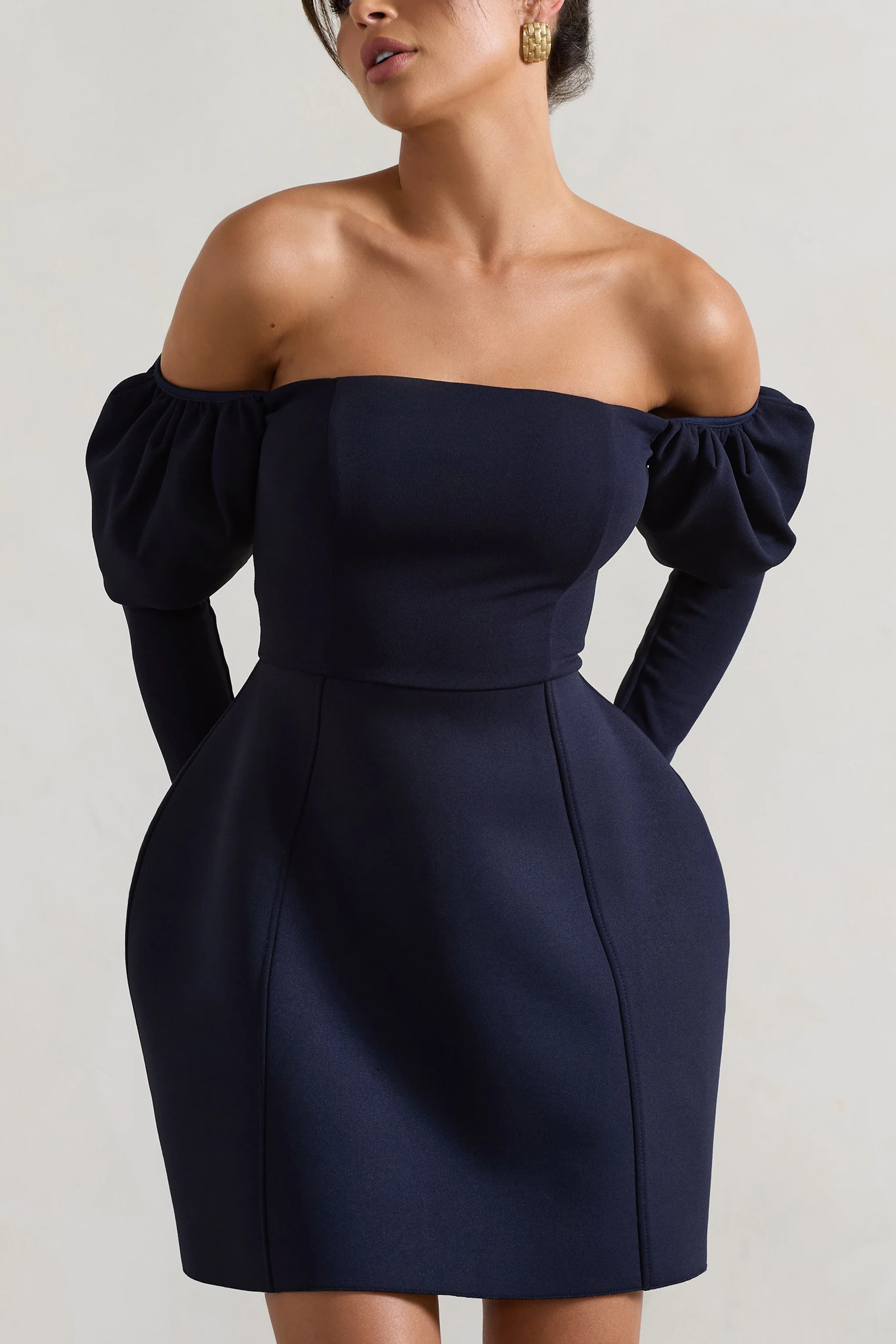 Navy Structured Bardot Puff-Sleeve Mini Dress