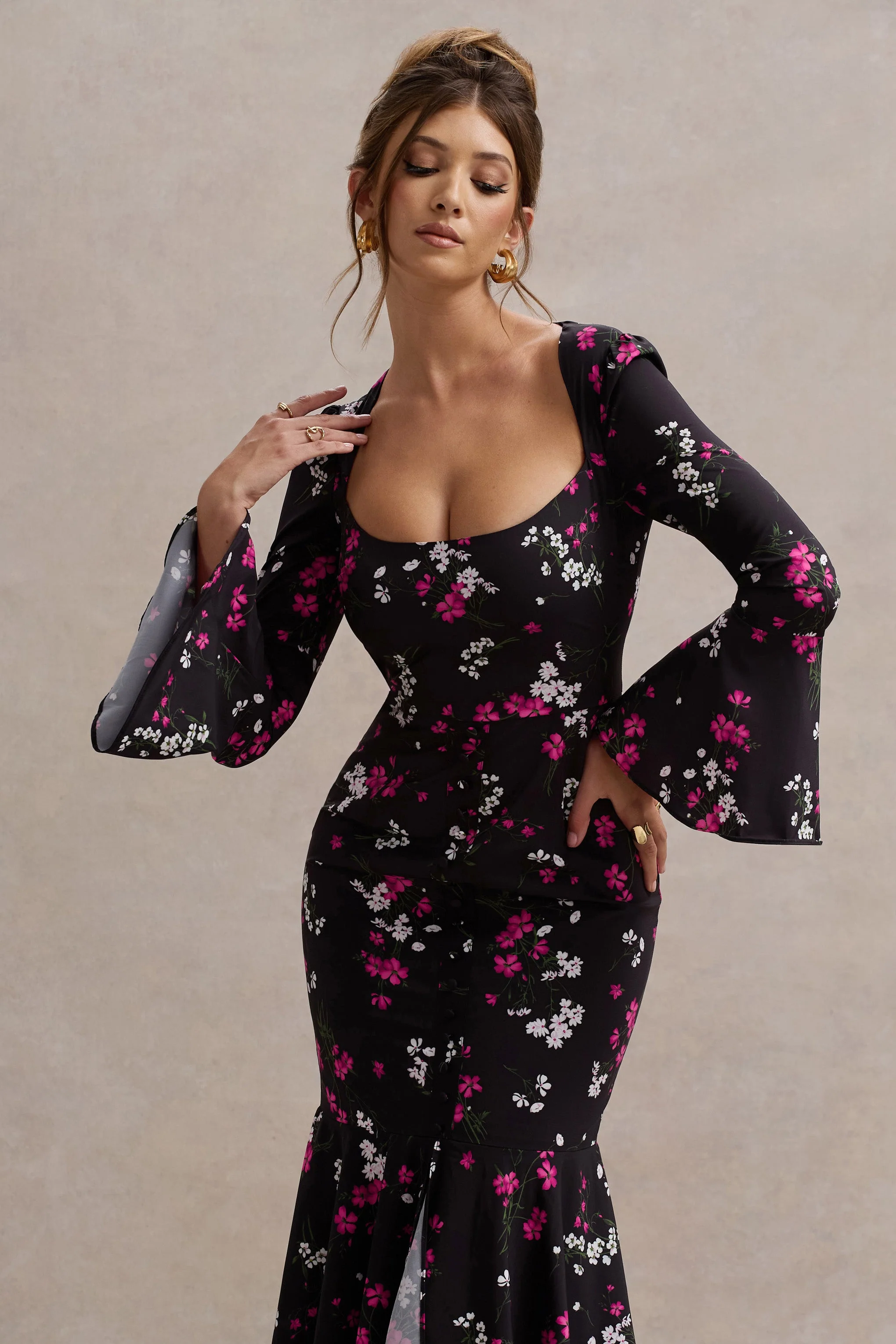 Black Ditsy Floral Print Chiffon Long-Sleeve Split Maxi Dress