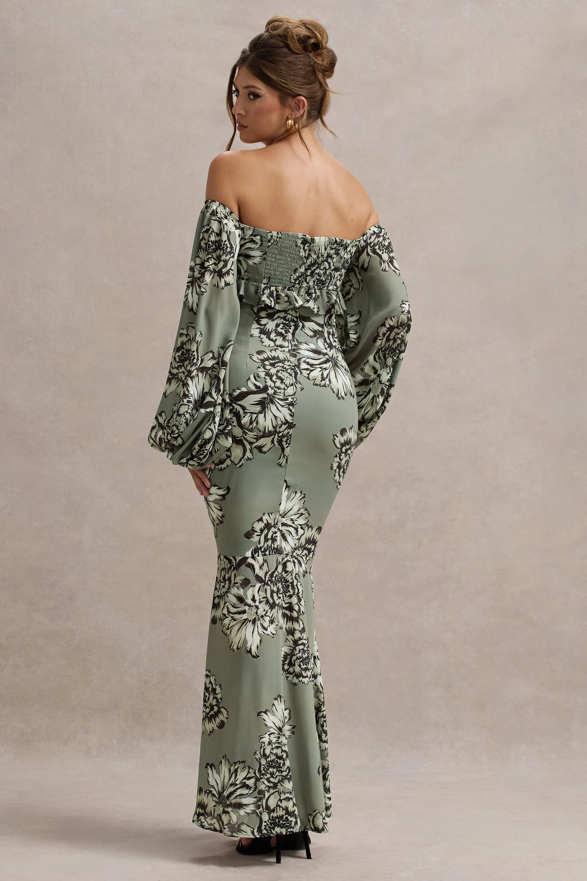 Olive Floral Print Chiffon Puff-Sleeve Button Maxi Dress