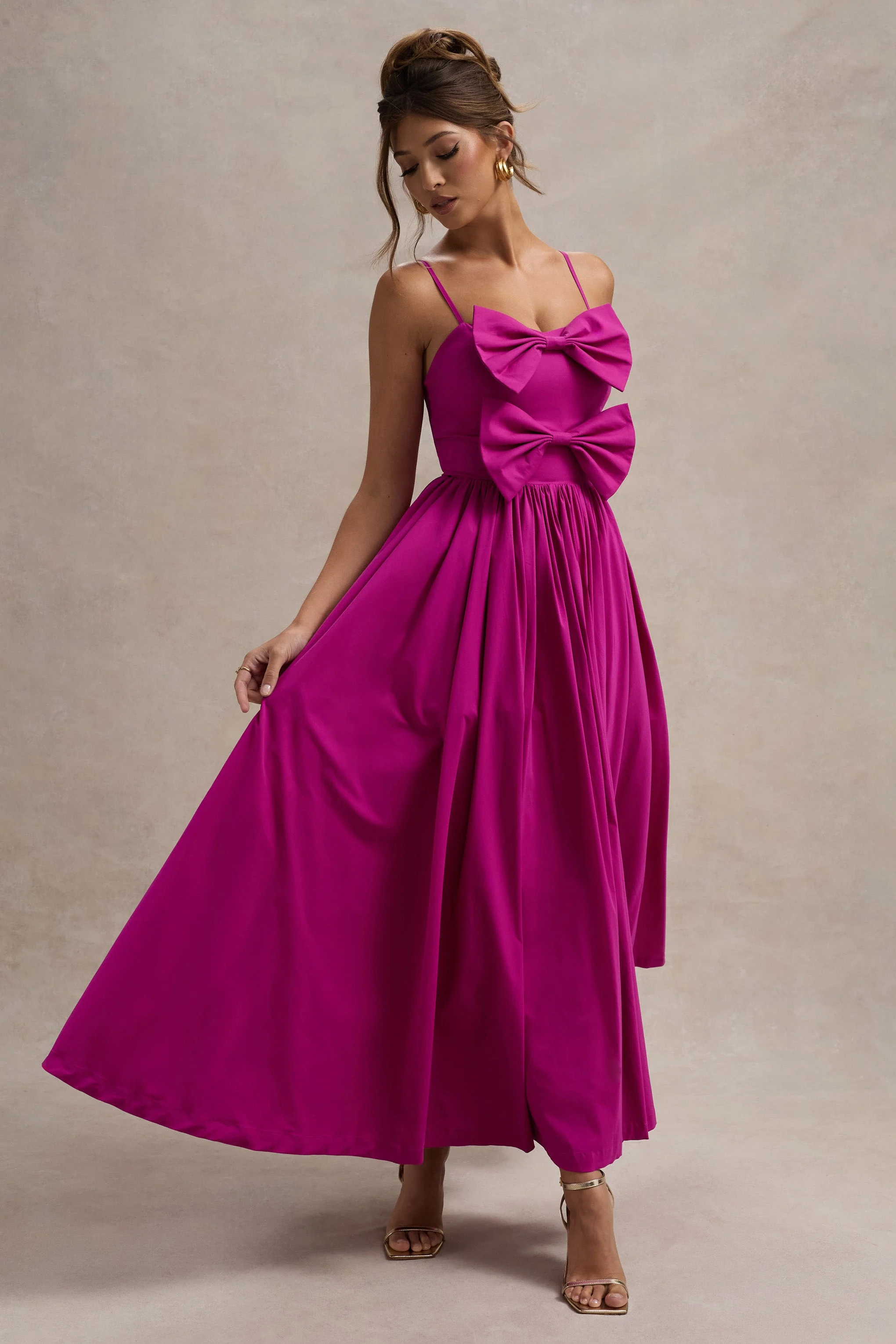Fuschia Pink Strappy Pleated Maxi Dress With Bows