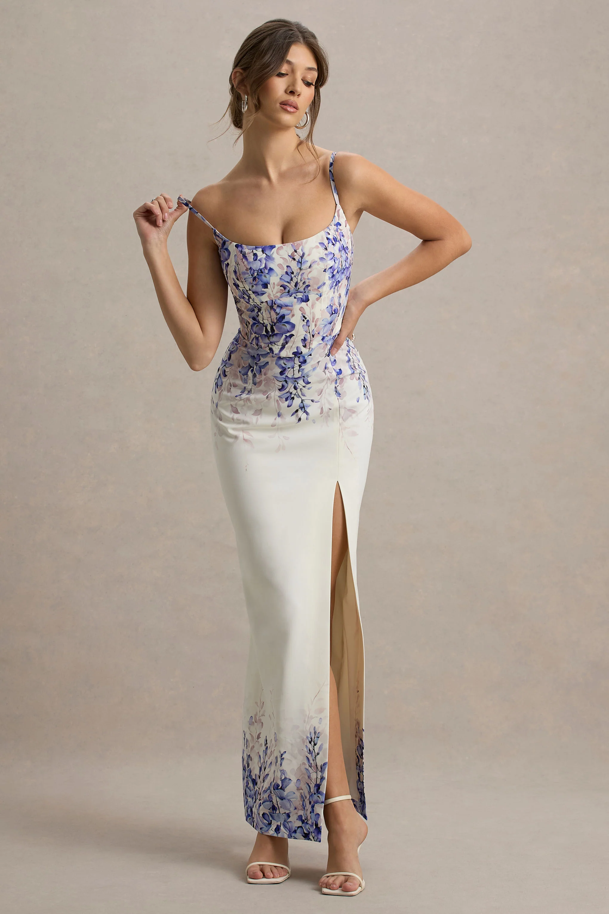 Wisteria Print Linen Split Maxi Dress