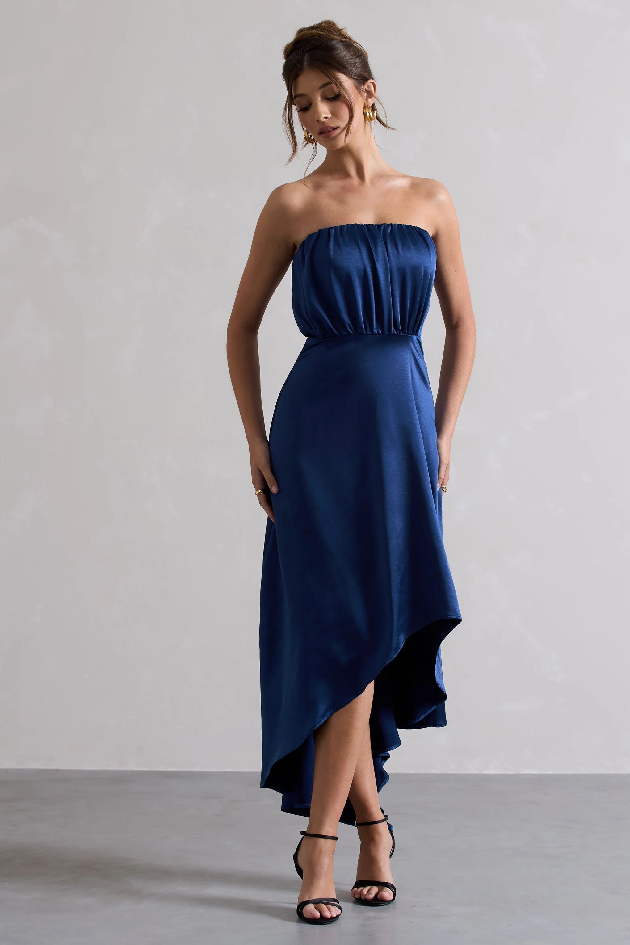 Navy Satin Bandeau Maxi Dress With Asymmetric Hem