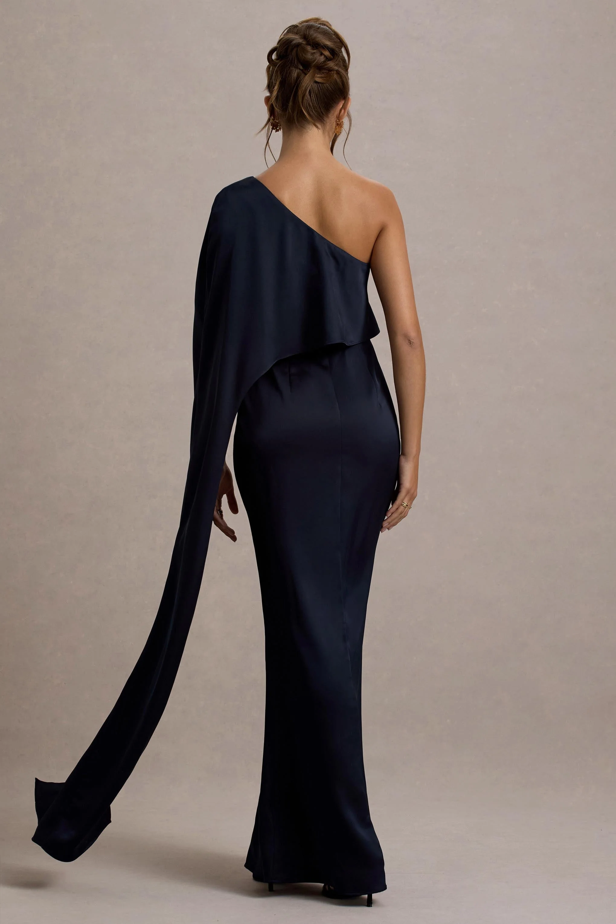 Navy Satin Asymmetric Cape-Sleeve Split Maxi Dress