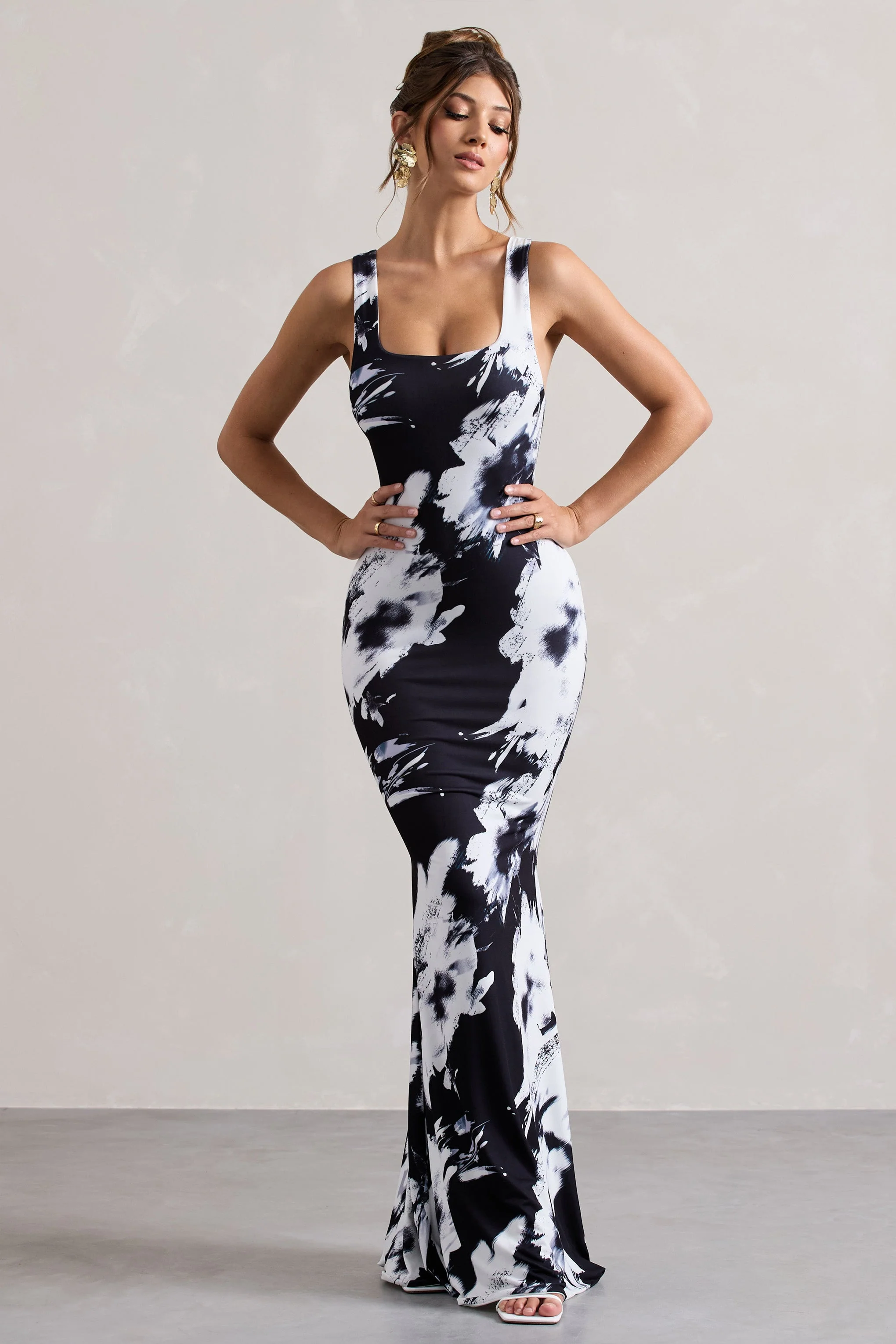 Monochrome Floral Print Square-Neck Maxi Dress