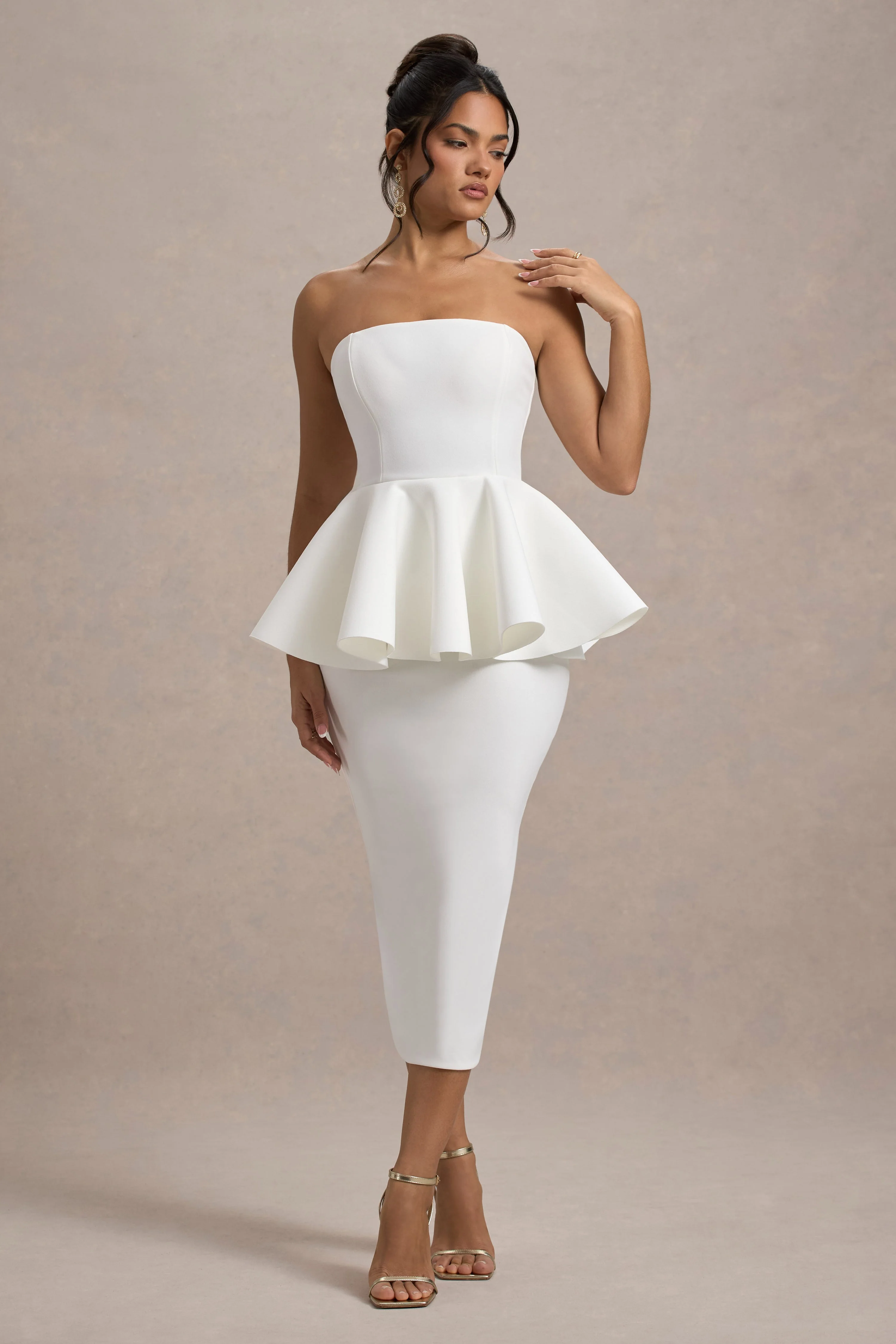 White Bandeau Peplum Midi Dress