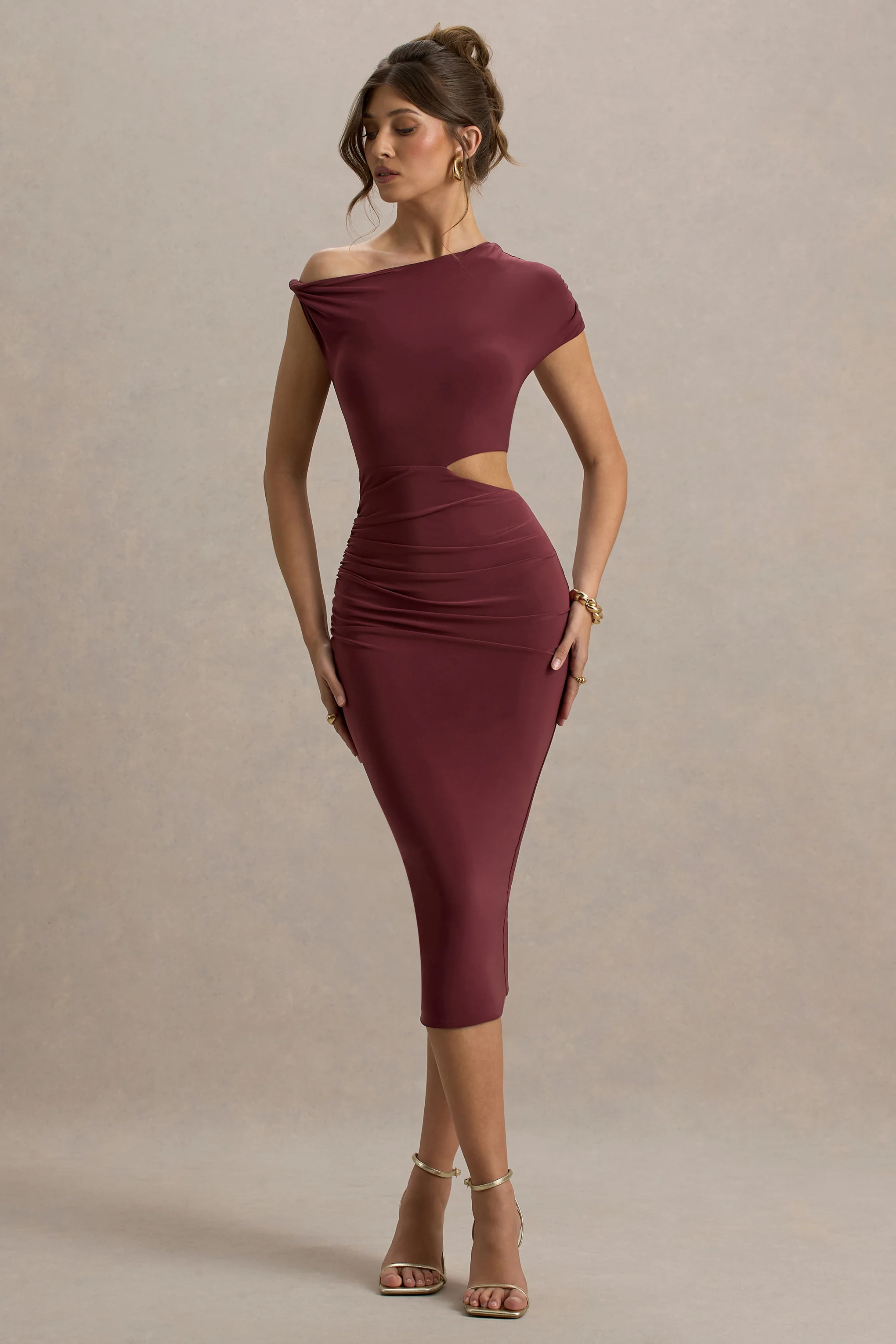 Burgundy Cut-Out Gathered Midi Dress