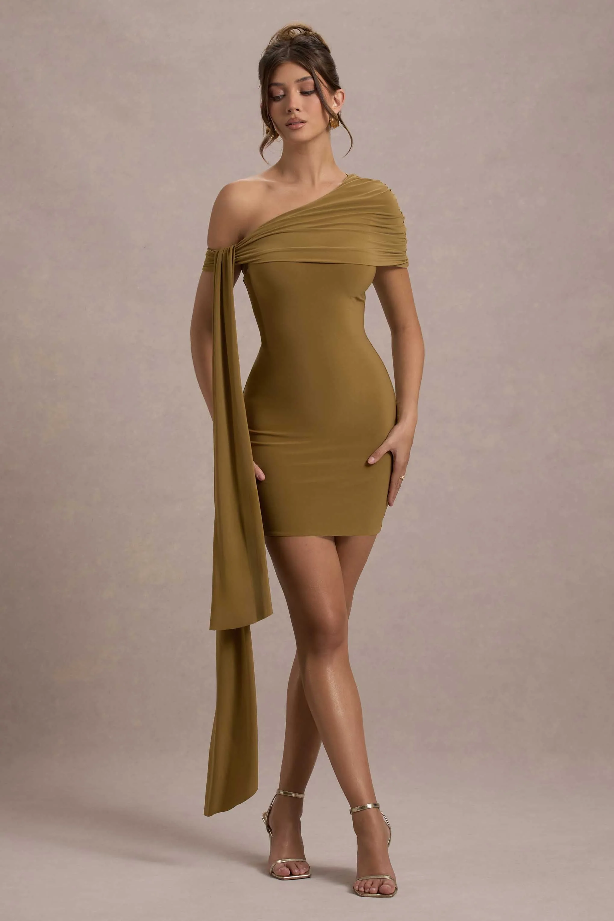 Mustard One-Shoulder Mini Dress With Drape