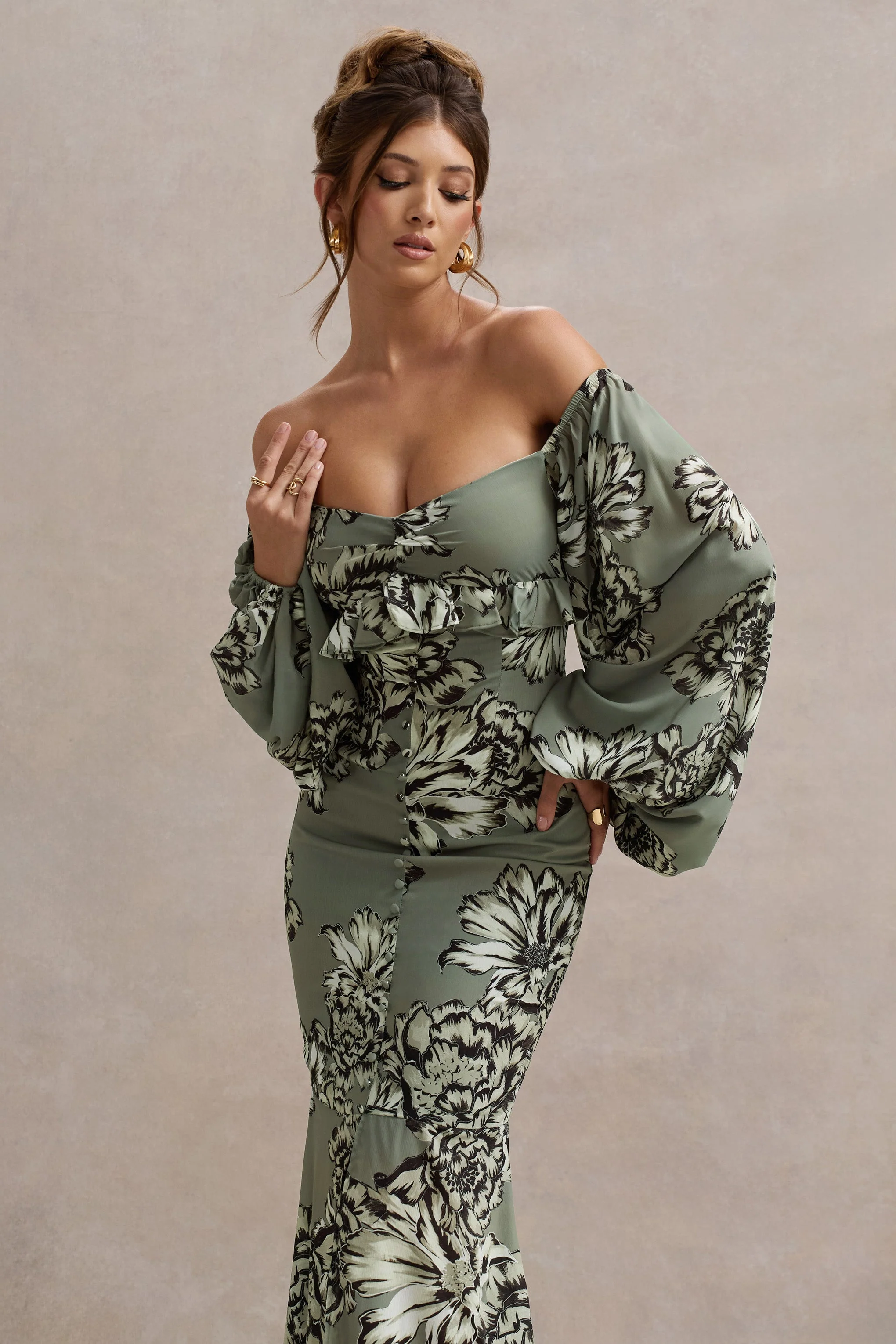 Olive Floral Print Chiffon Puff-Sleeve Button Maxi Dress