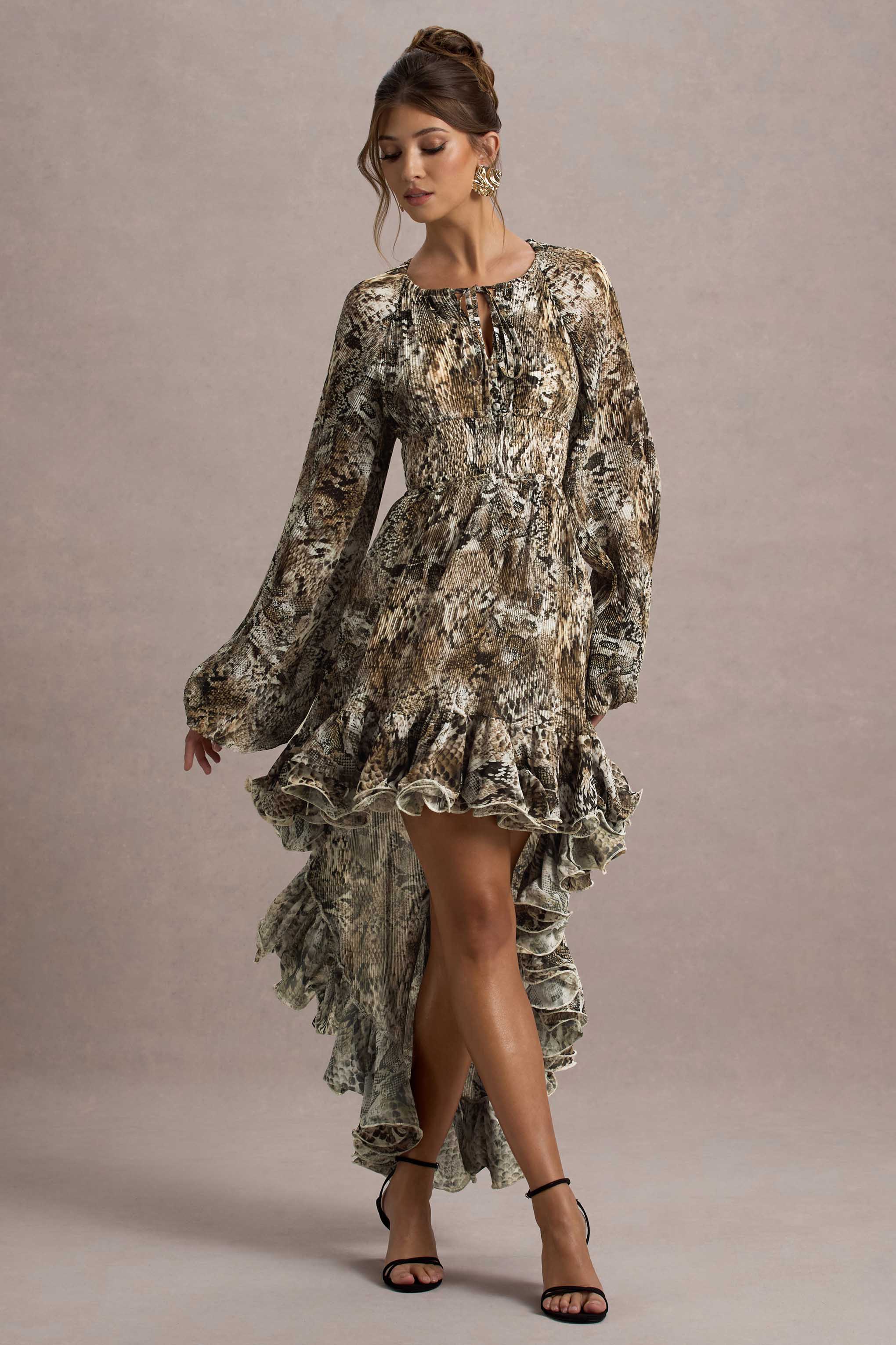 Snake Print High-Low Chiffon Maxi Dress