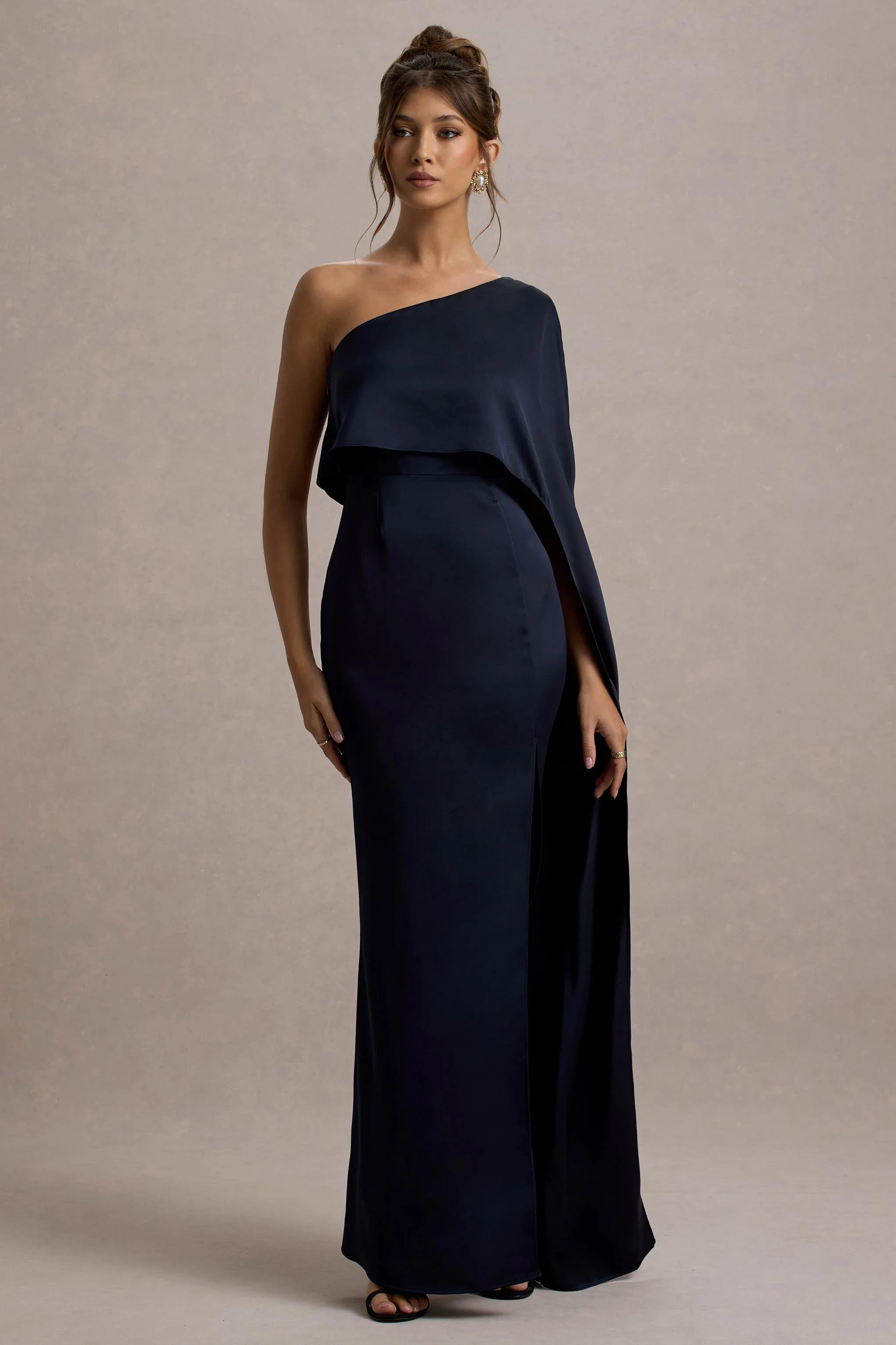 Navy Satin Asymmetric Cape-Sleeve Split Maxi Dress