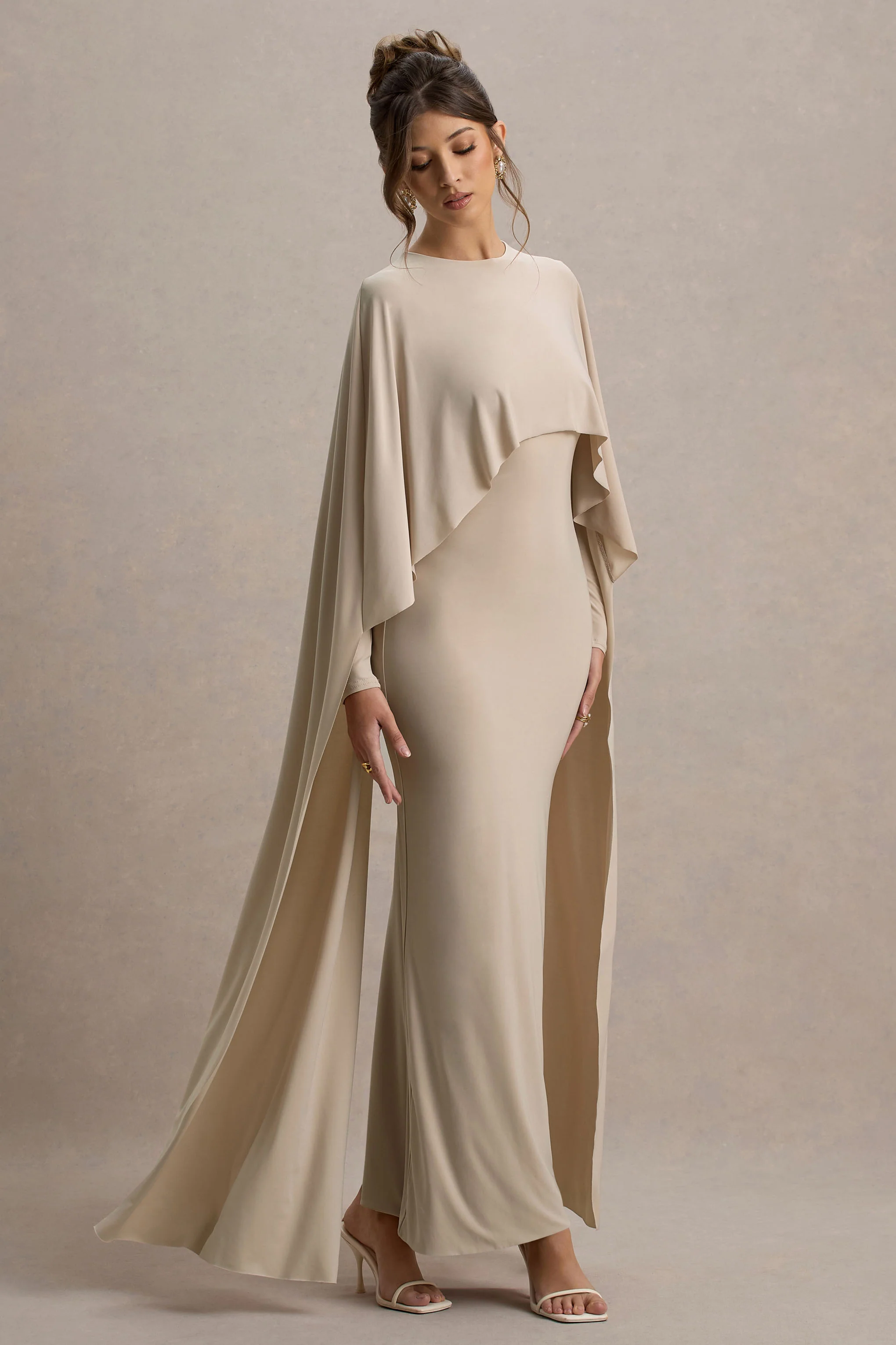 Champagne Draped Maxi Dress With Cape Sleeves