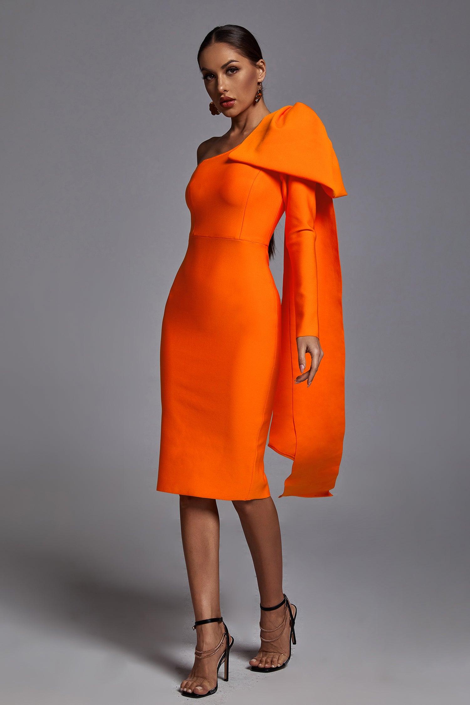 Abbey Orange One Shoulder Bandage Dress - Bellabarnett