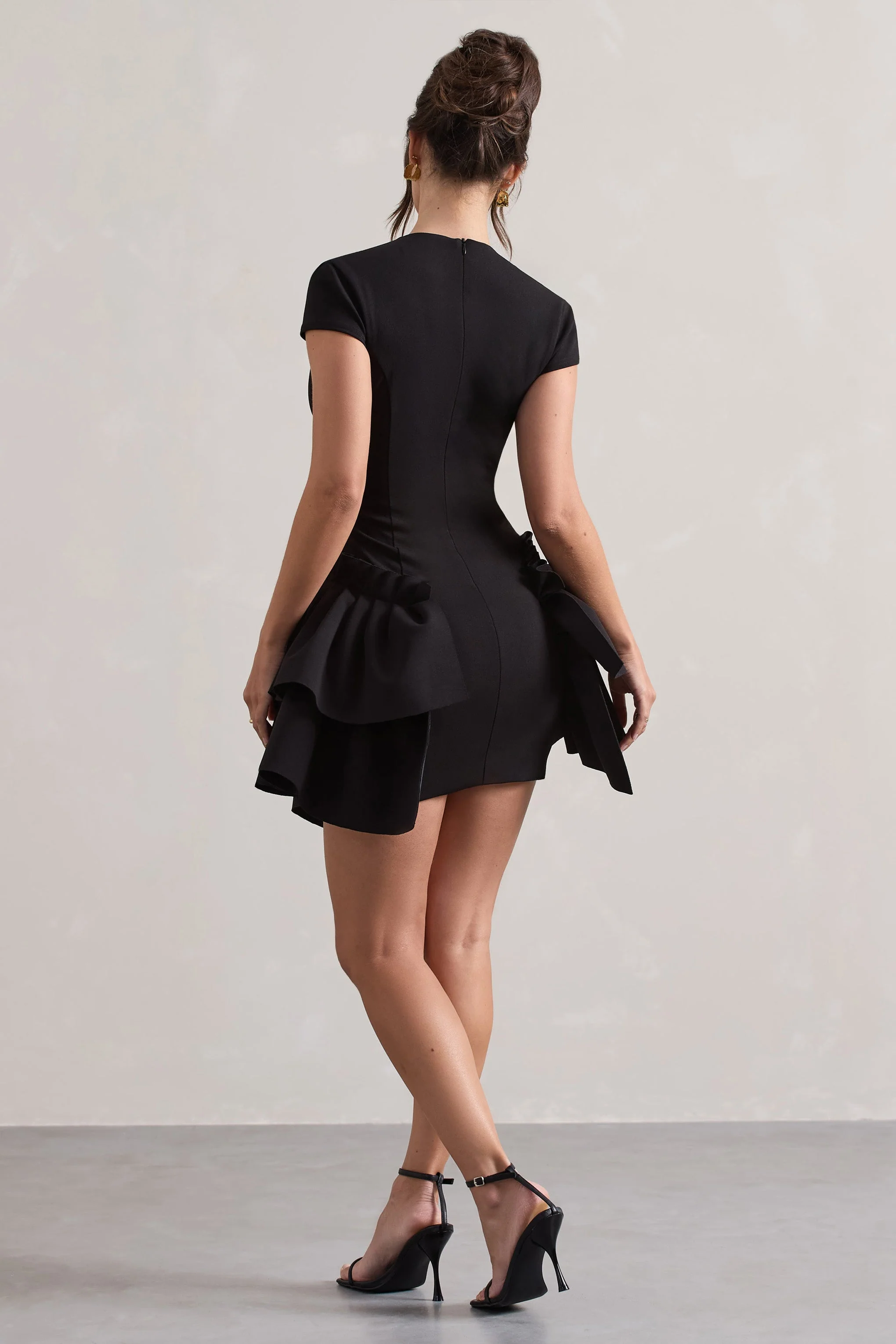 Black Plunge-Neck Mini Dress With Layered Hem