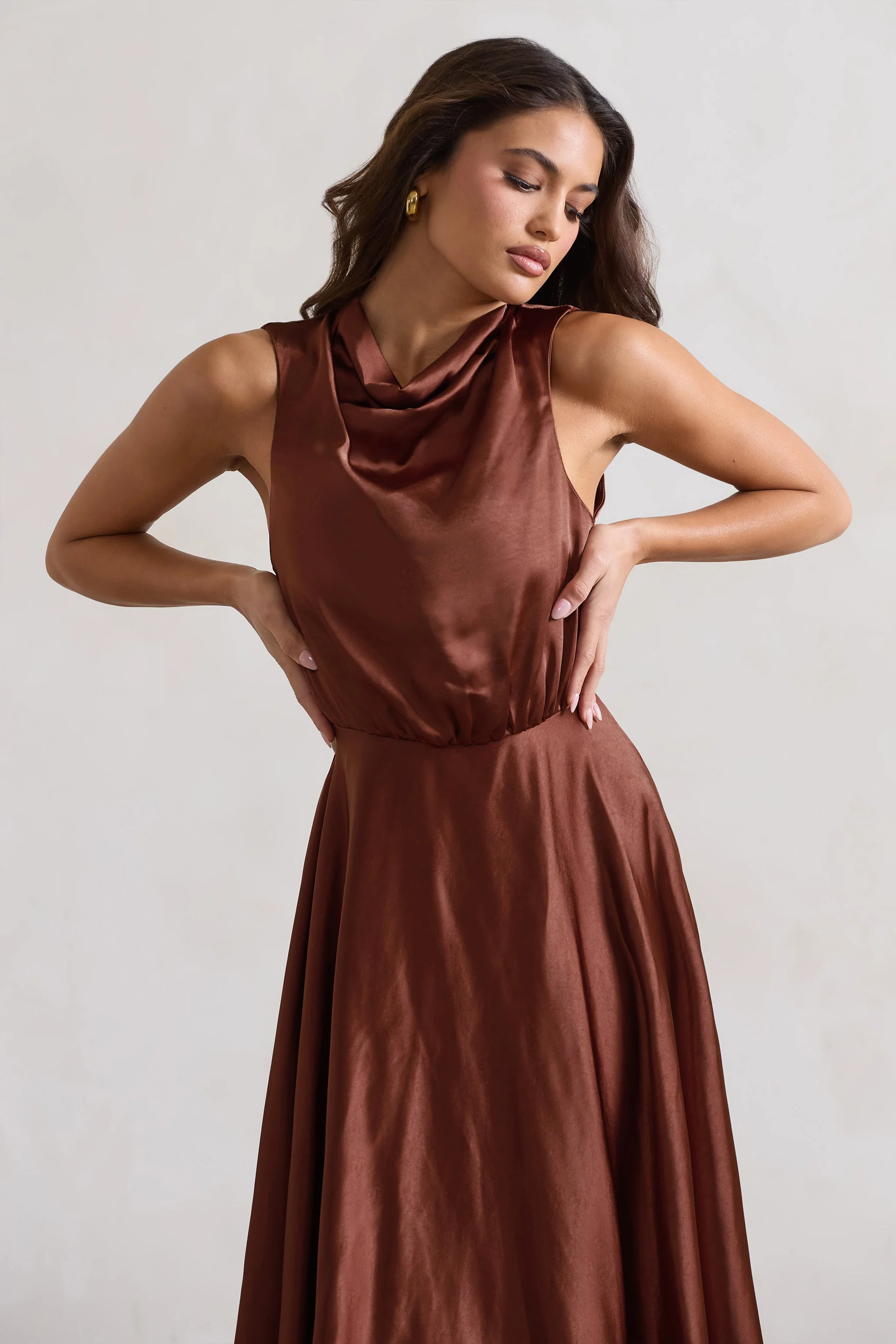 Chocolate Brown Satin Cowl-Neck Maxi Dress