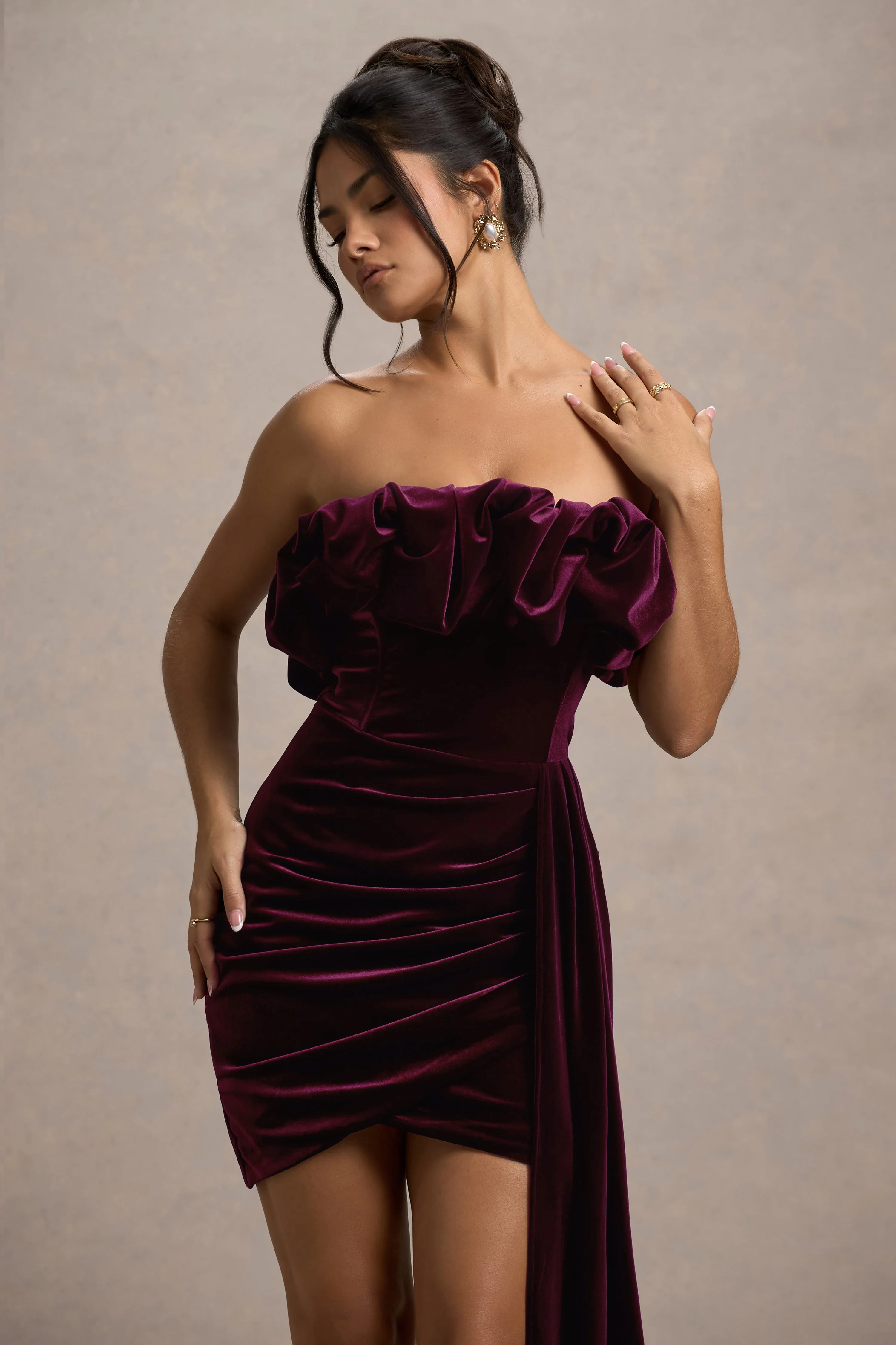 Plum Velvet Bandeau Mini Dress With Drape