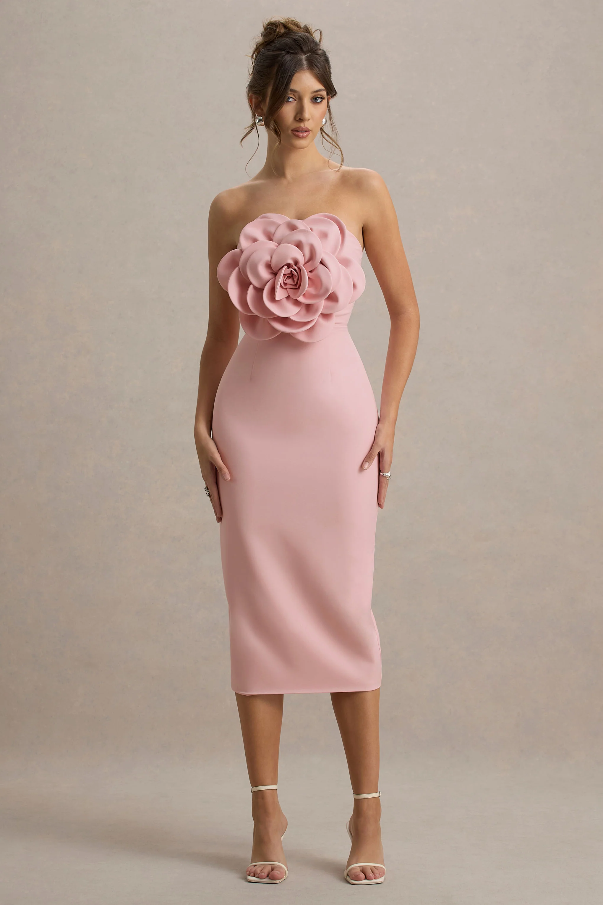 Pale Pink Bodycon Midi Dress With Large Floral Corsages