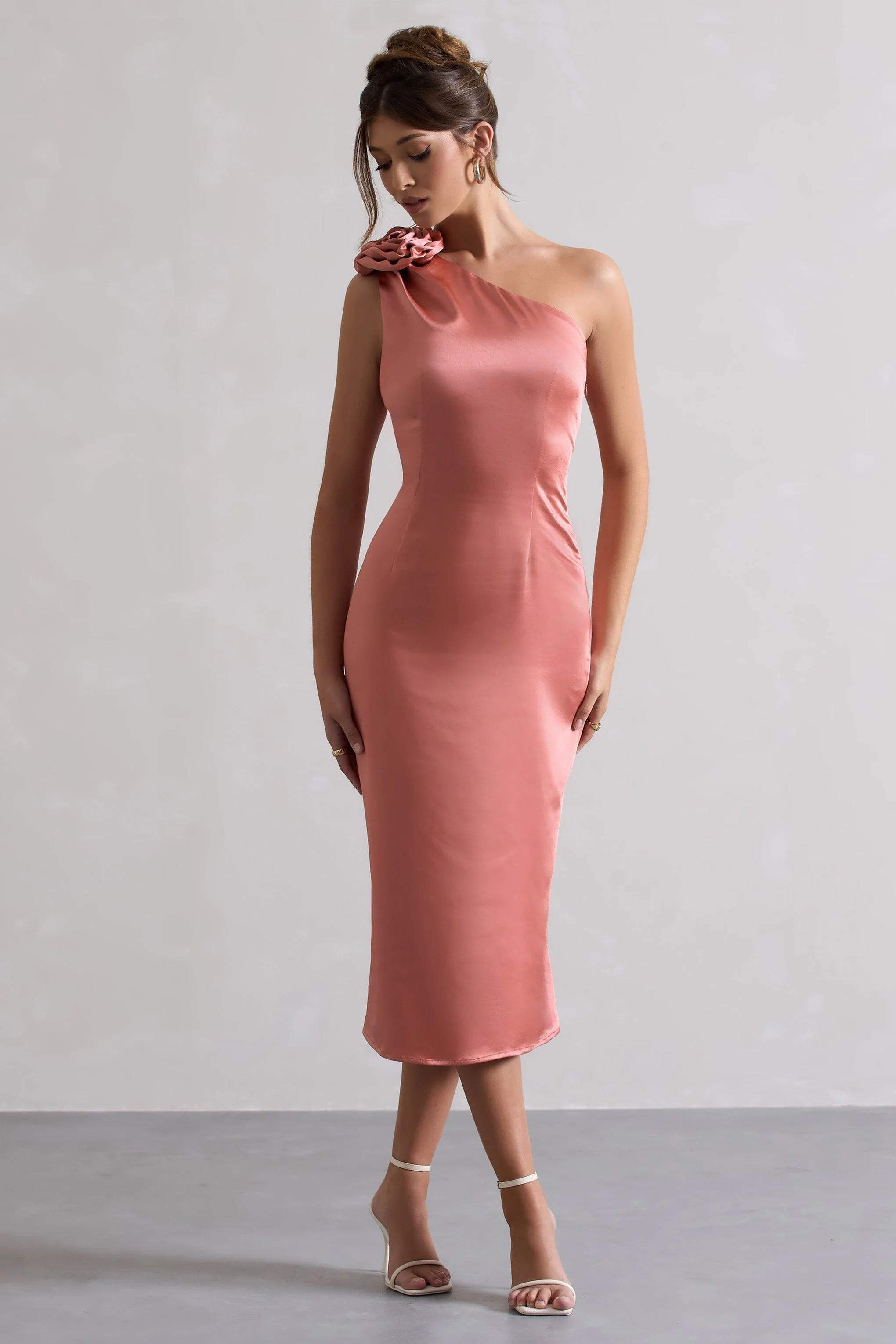 Coral Satin One Shoulder Midi Dress With Corsage