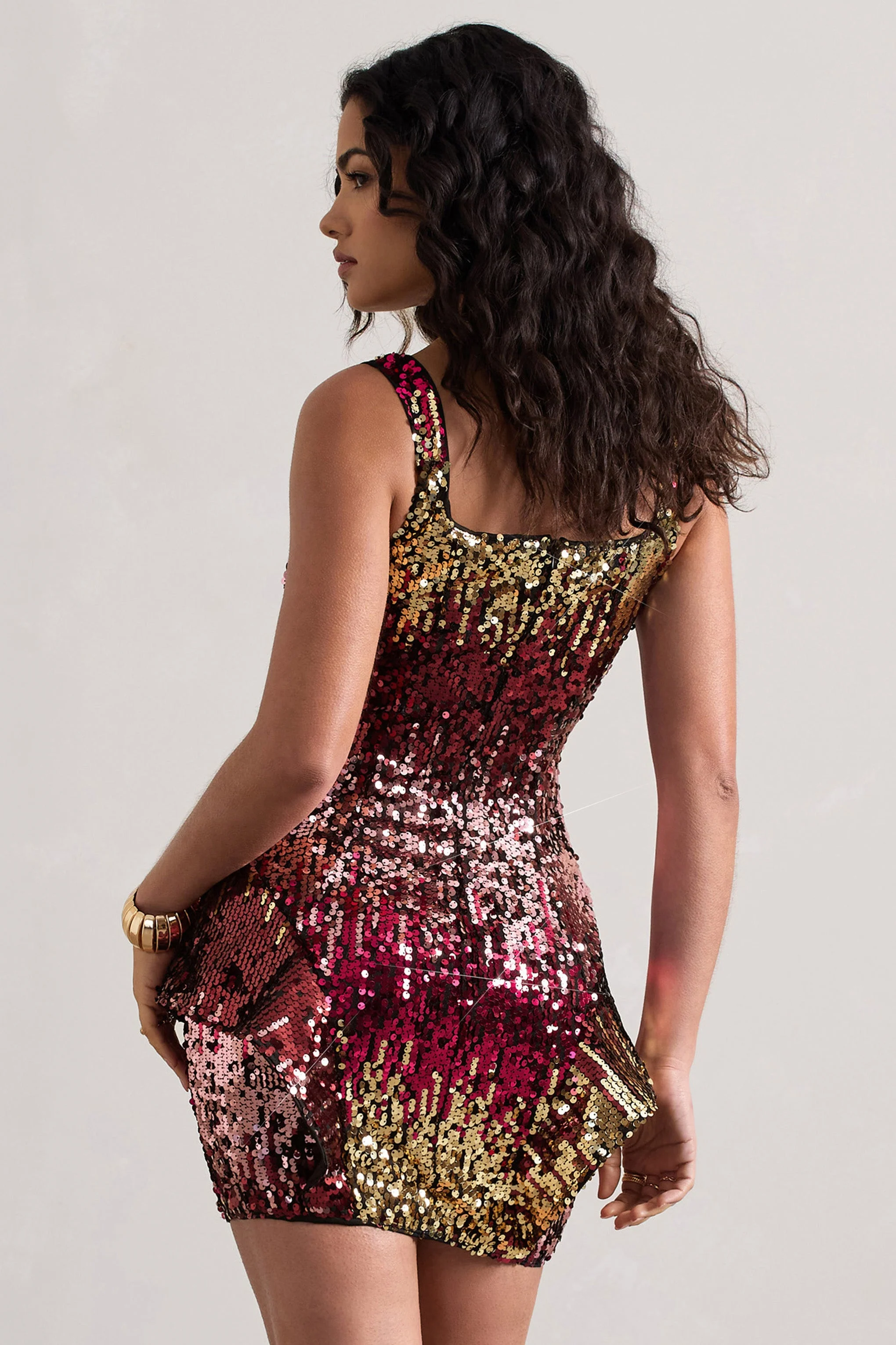 Pink & Gold Sequin Square-Neck Peplum Mini Dress