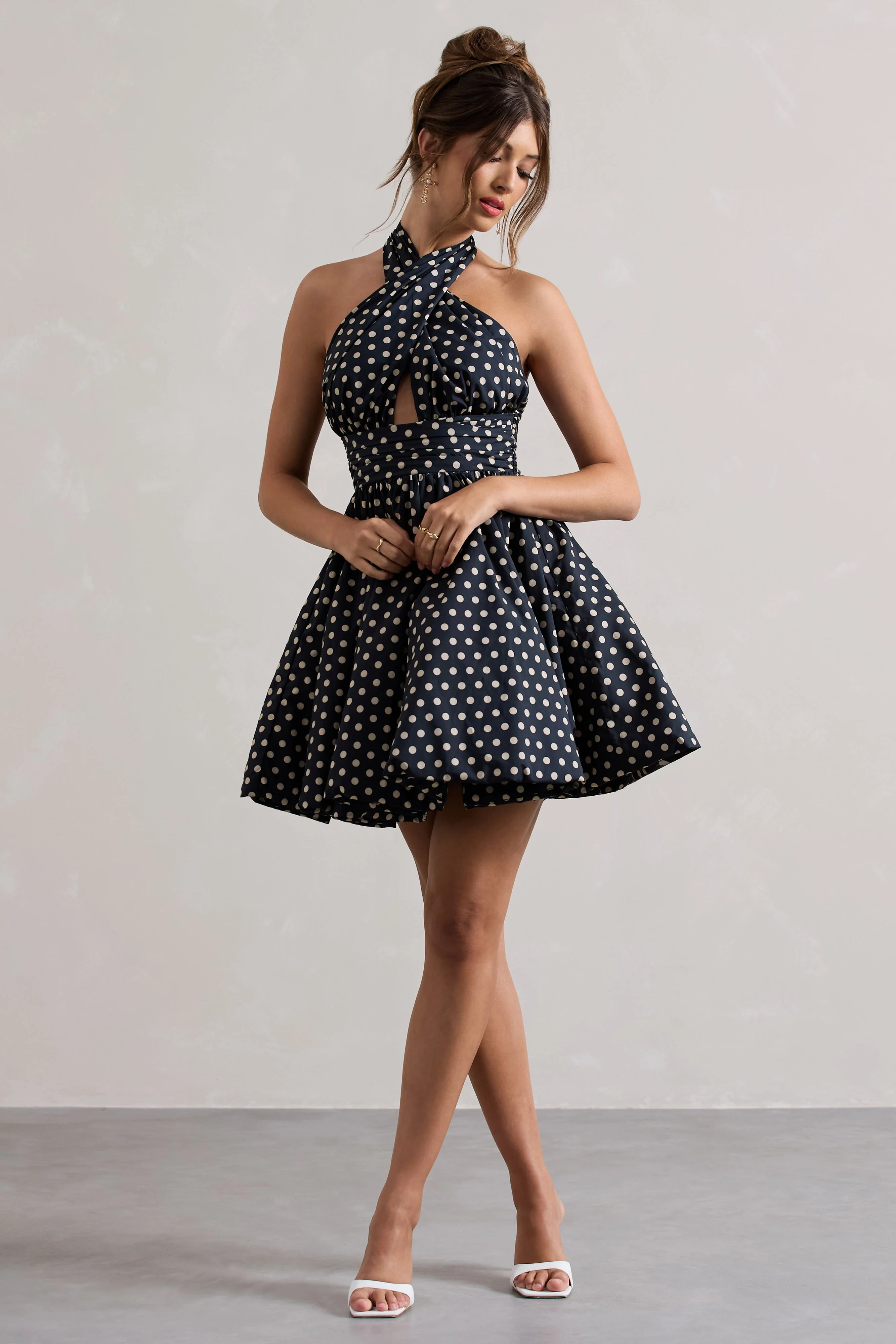 Navy Polka Dot Halter-Neck Mini Dress