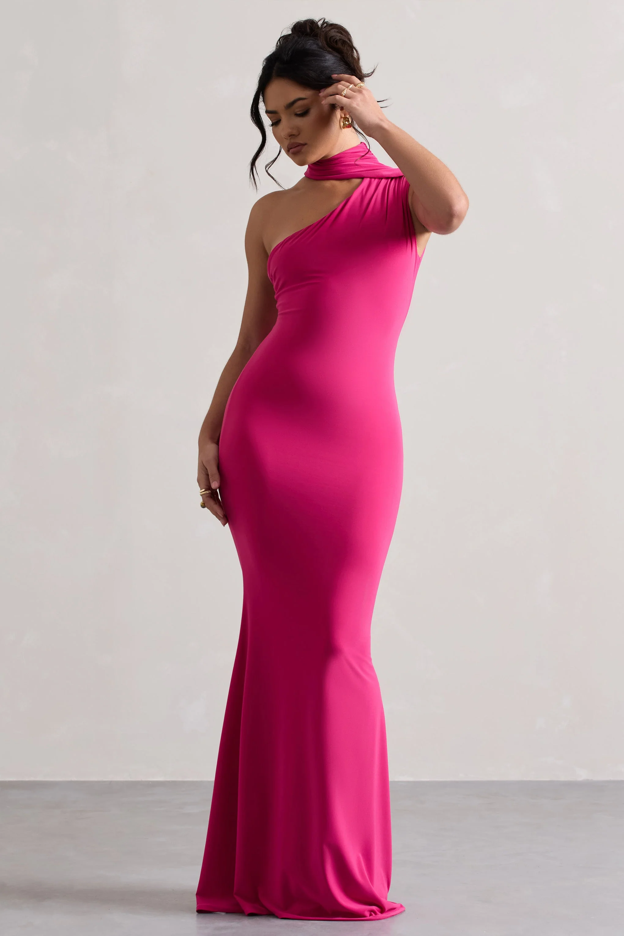 Pink One Shoulder Draped Maxi Dress