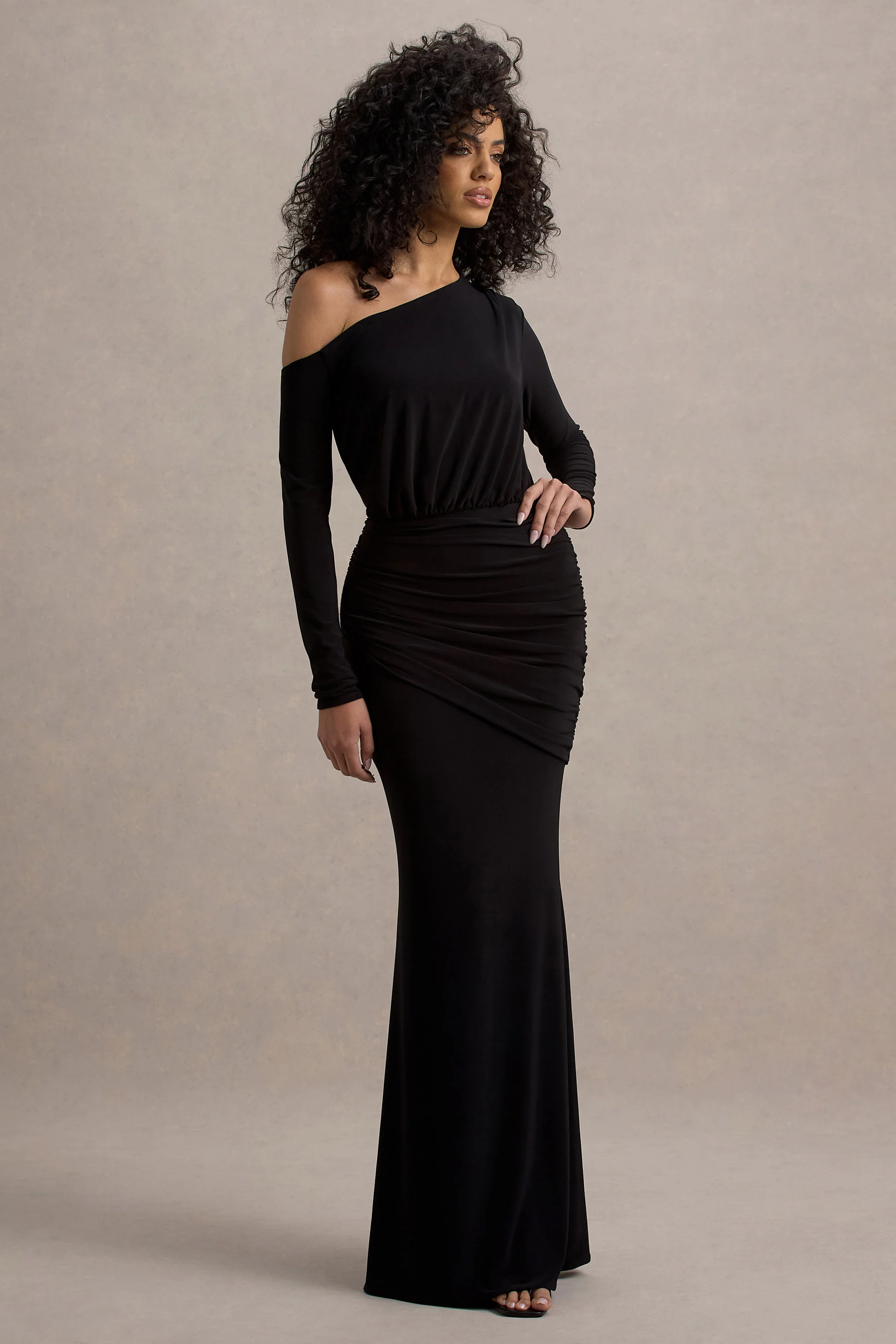 Black Asymmetric Long-Sleeve Ruched Maxi Dress