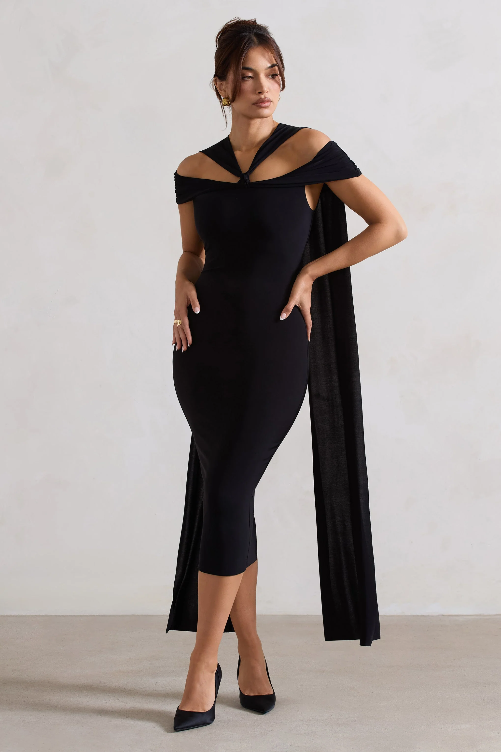 Black Strappy Midi Dress With Drape