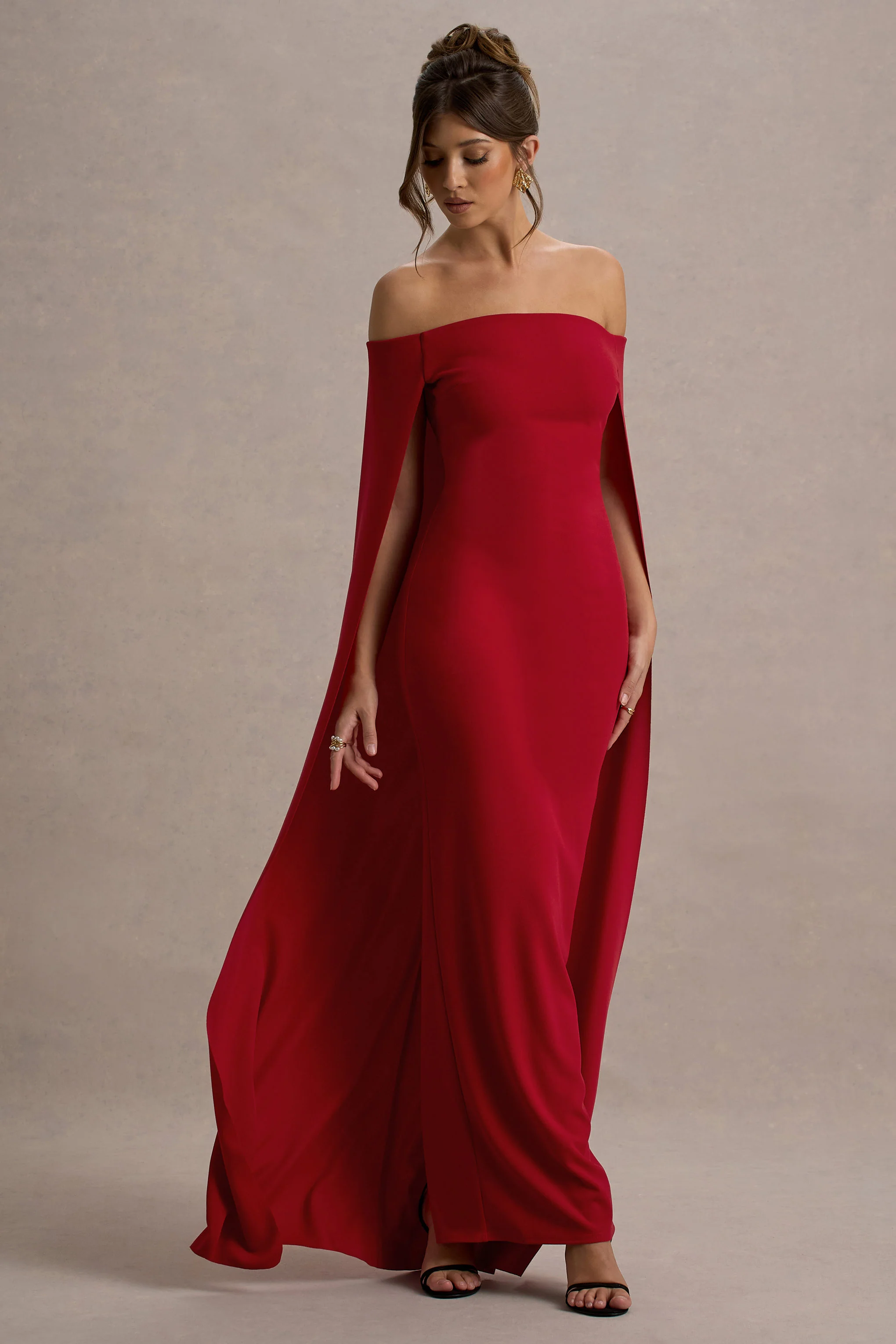 Red Bardot Cape Maxi Dress