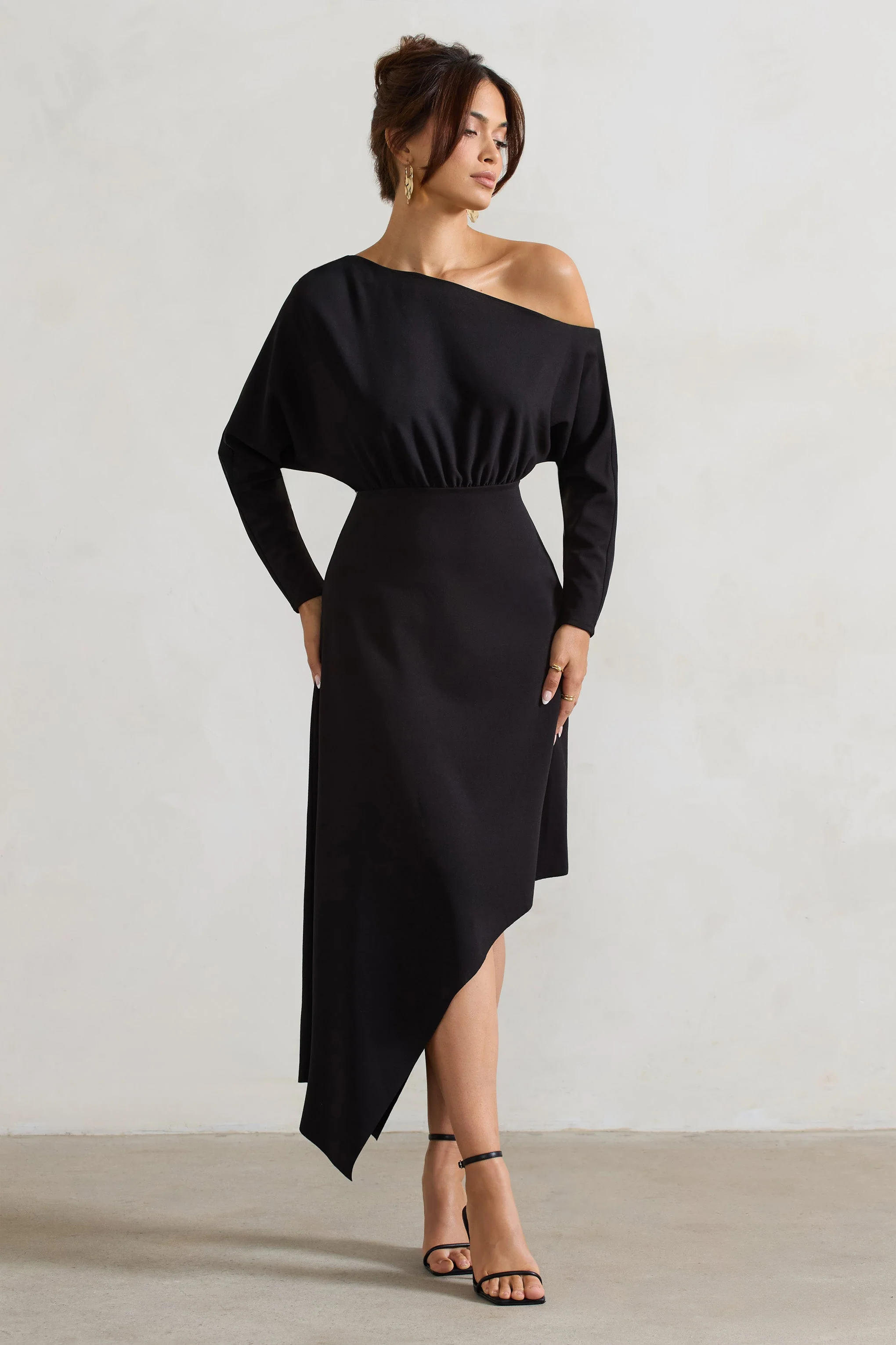 Black Asymmetric Long-Sleeve Maxi Dress
