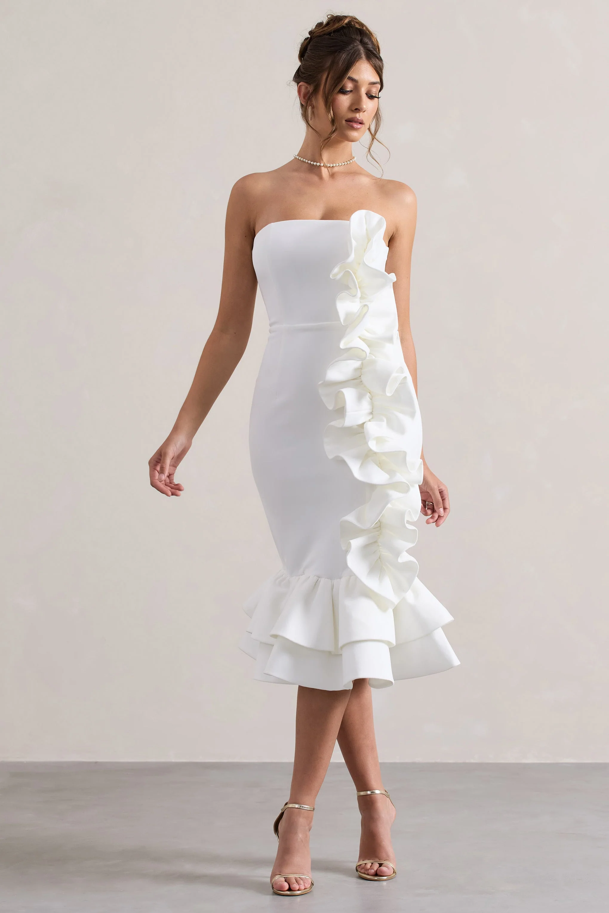 Cream Bandeau Ruffle Midi Dress
