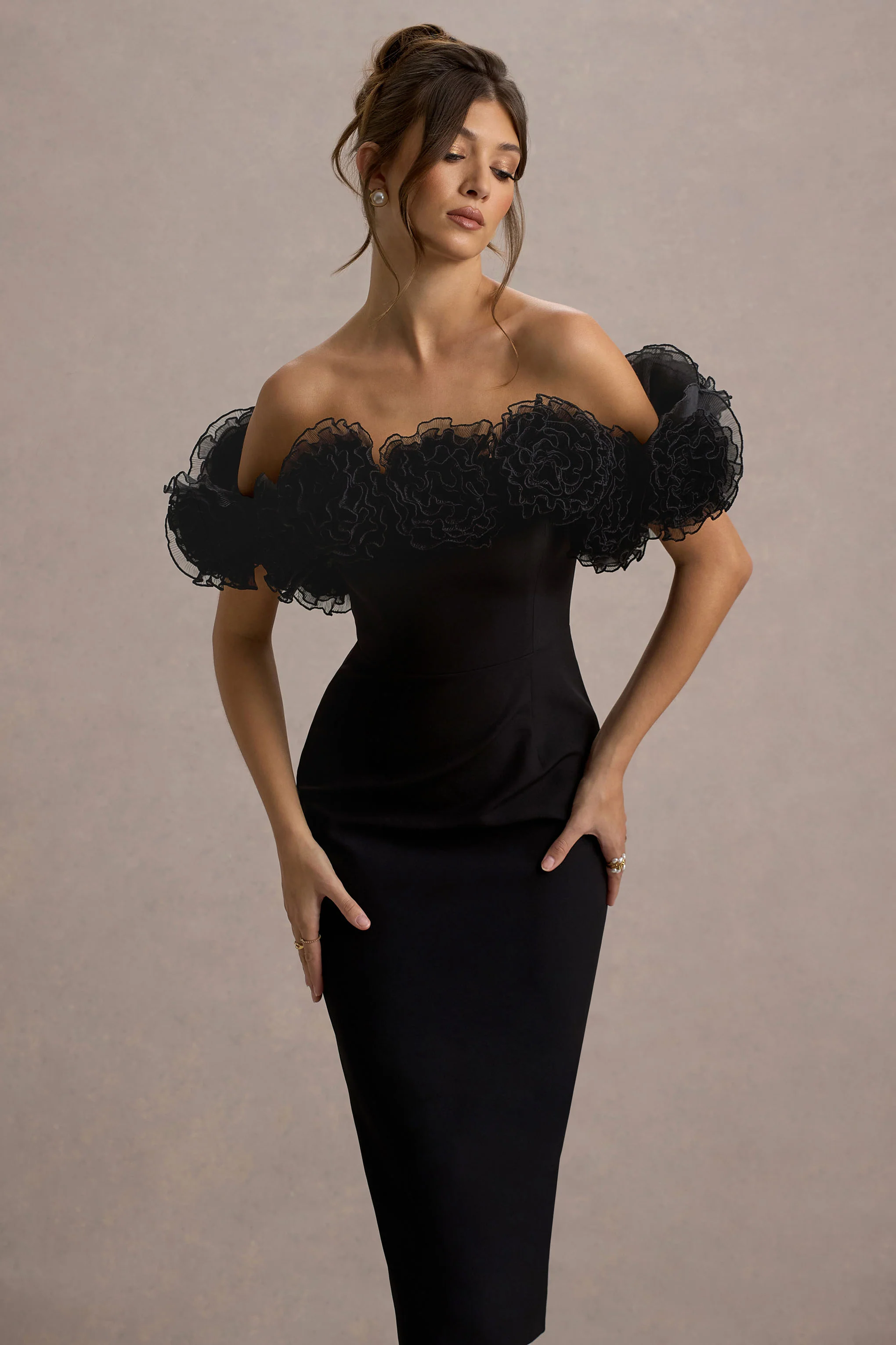 Black Bardot Midi Dress With Ruffle Trim