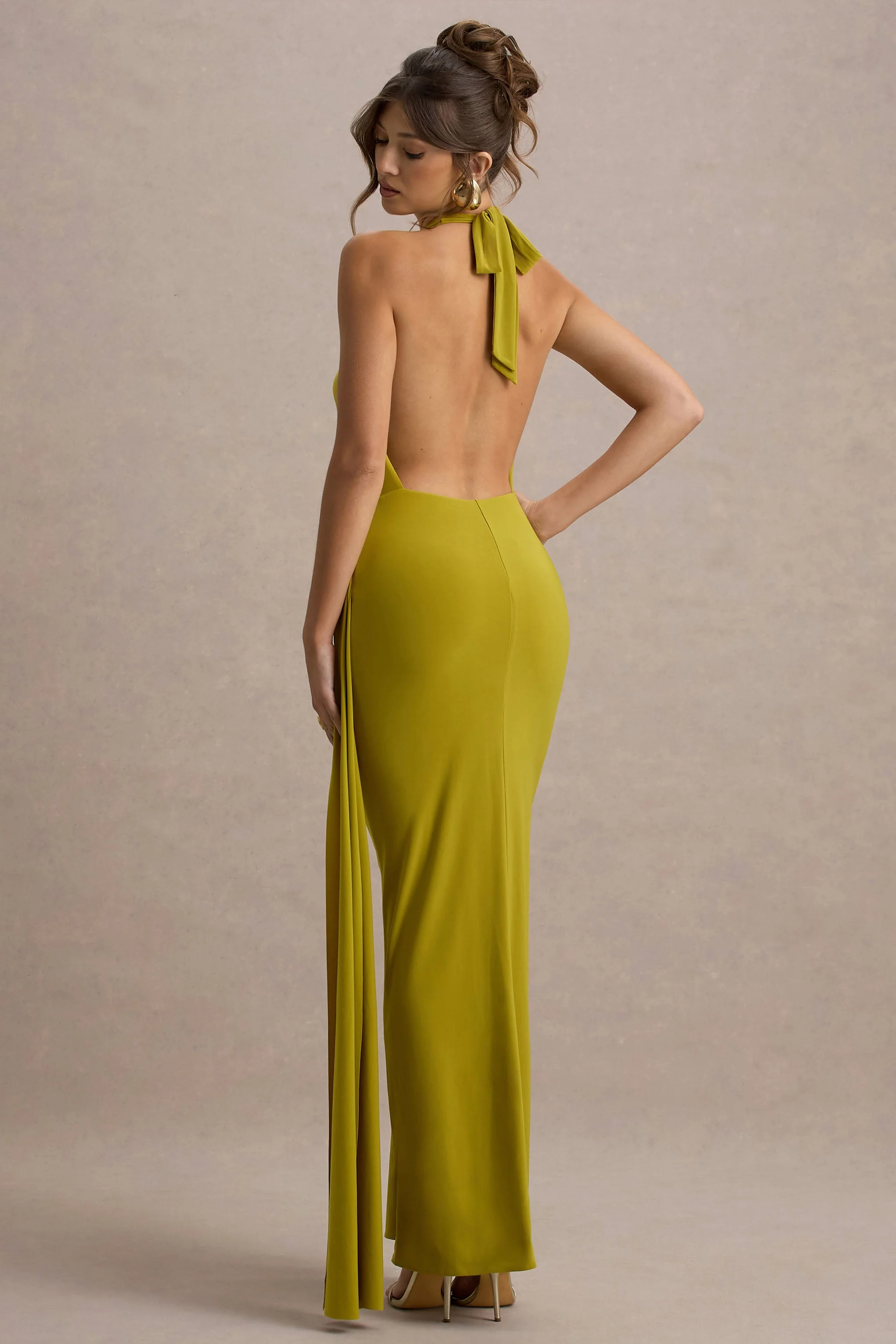 Green Halter-Neck Draped Maxi Dress With Sash