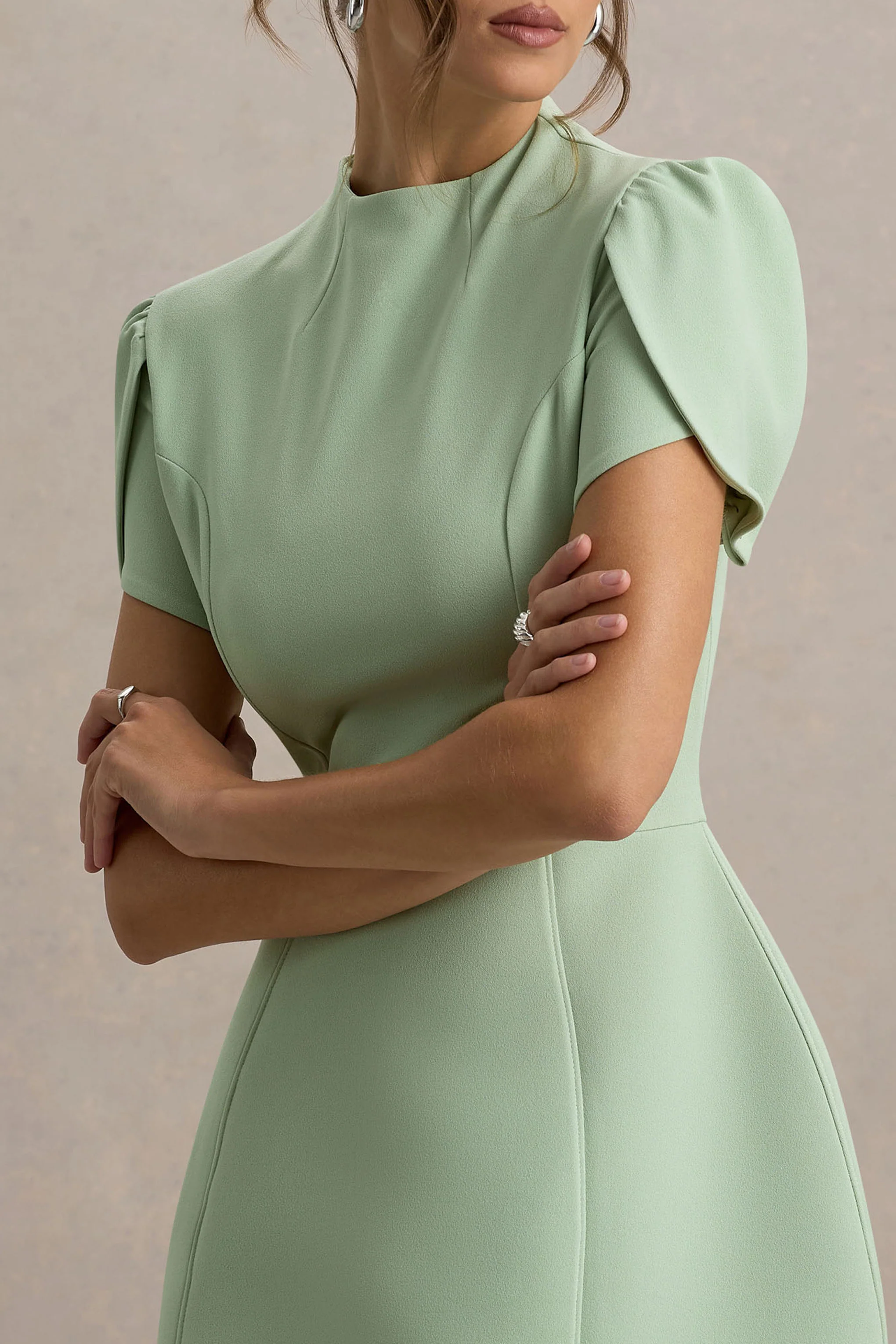 Light Green High-Neck Short-Sleeve Mini Dress