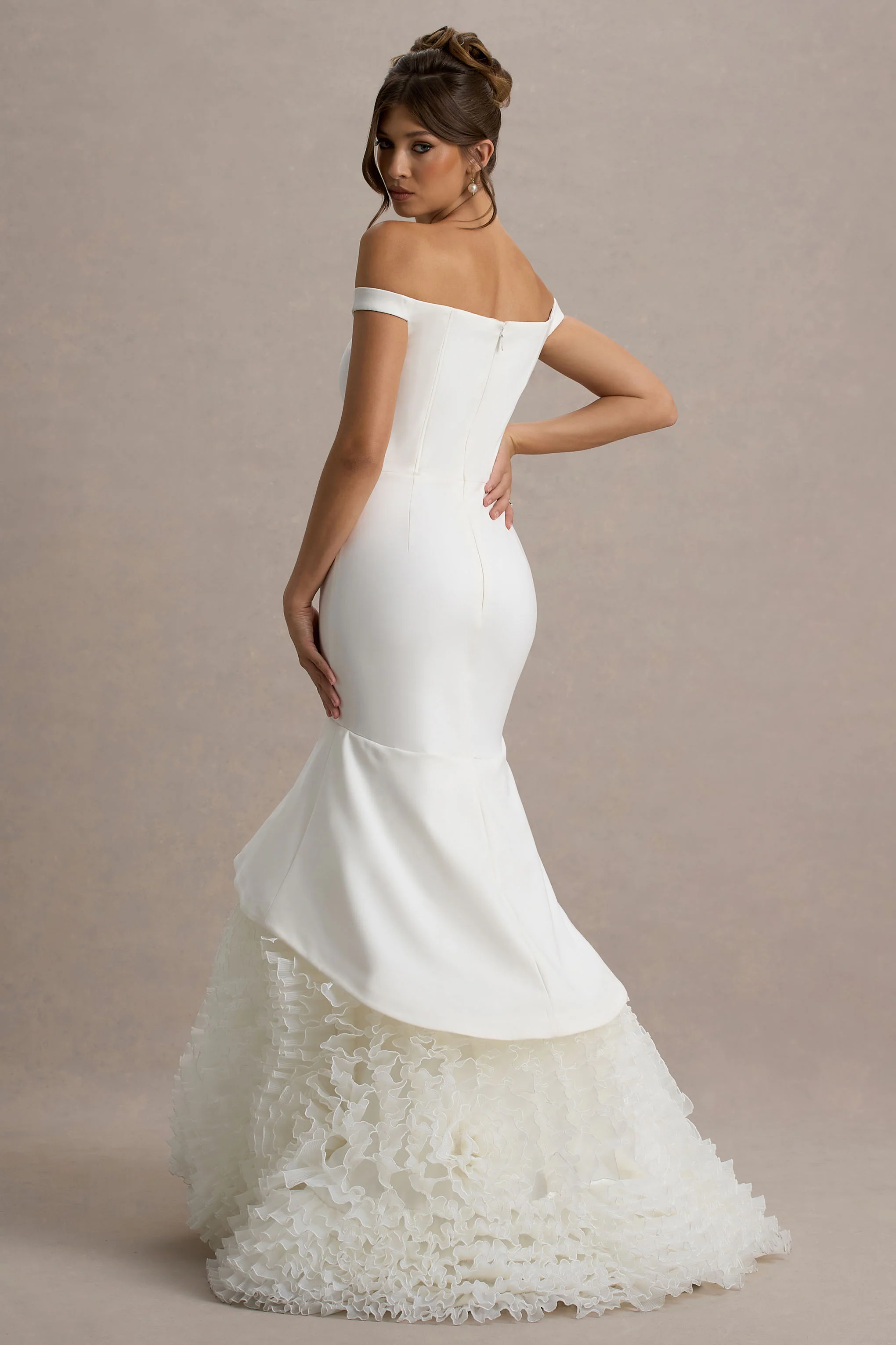 White & Cream Bardot Maxi Dress With Tulle Skirt