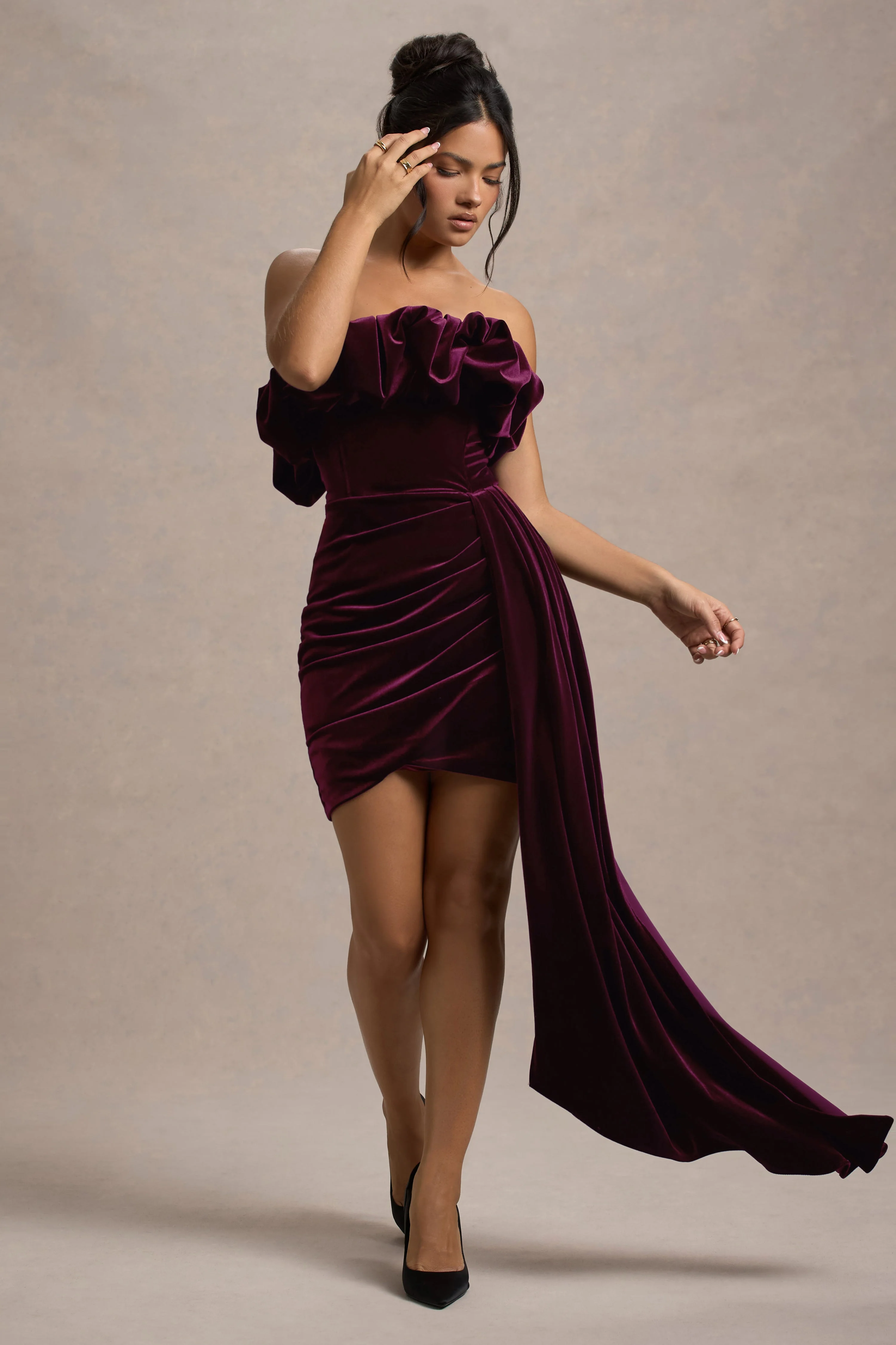 Plum Velvet Bandeau Mini Dress With Drape