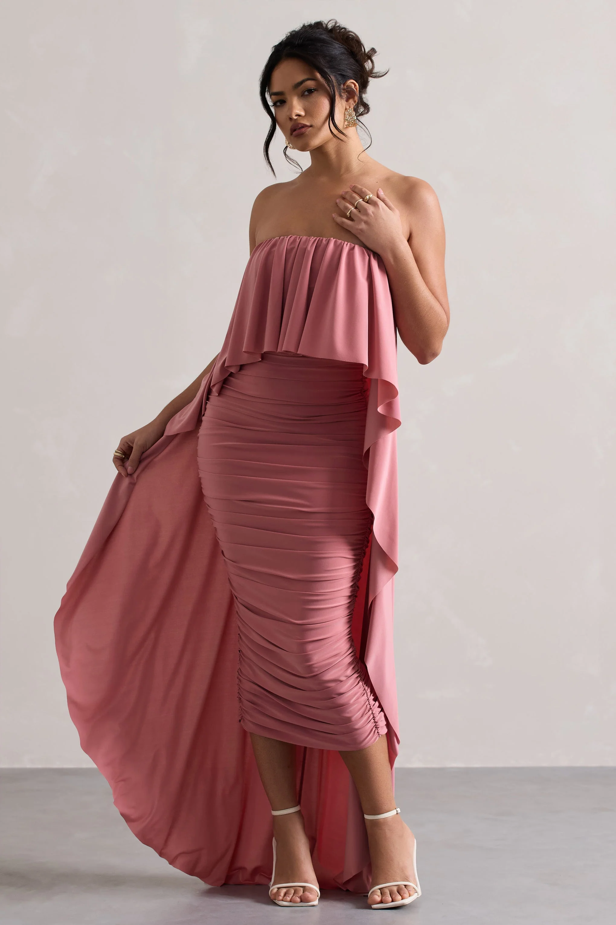 Blush Ruched Bandeau Midi Dress With Cape