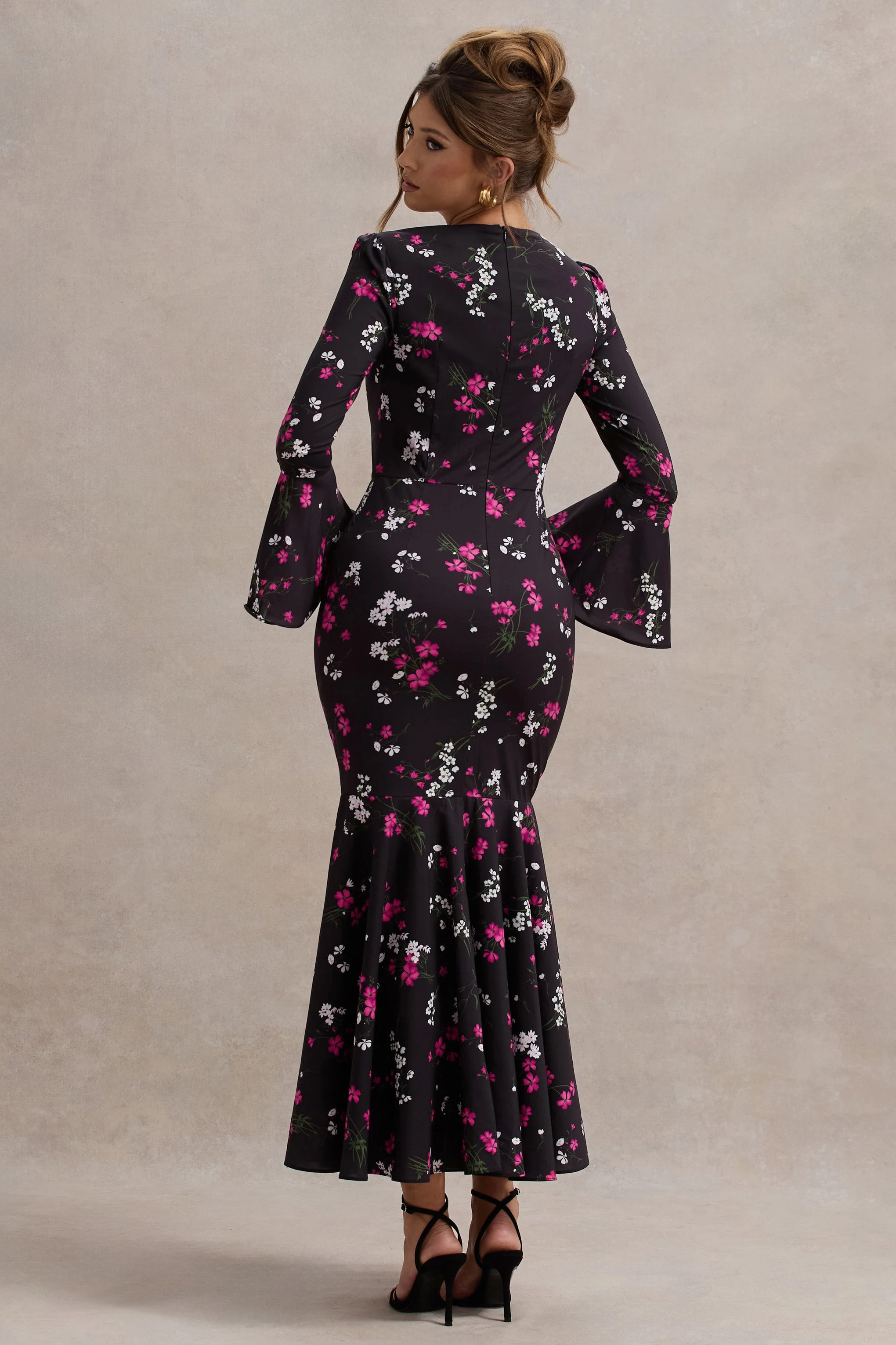 Black Ditsy Floral Print Chiffon Long-Sleeve Split Maxi Dress