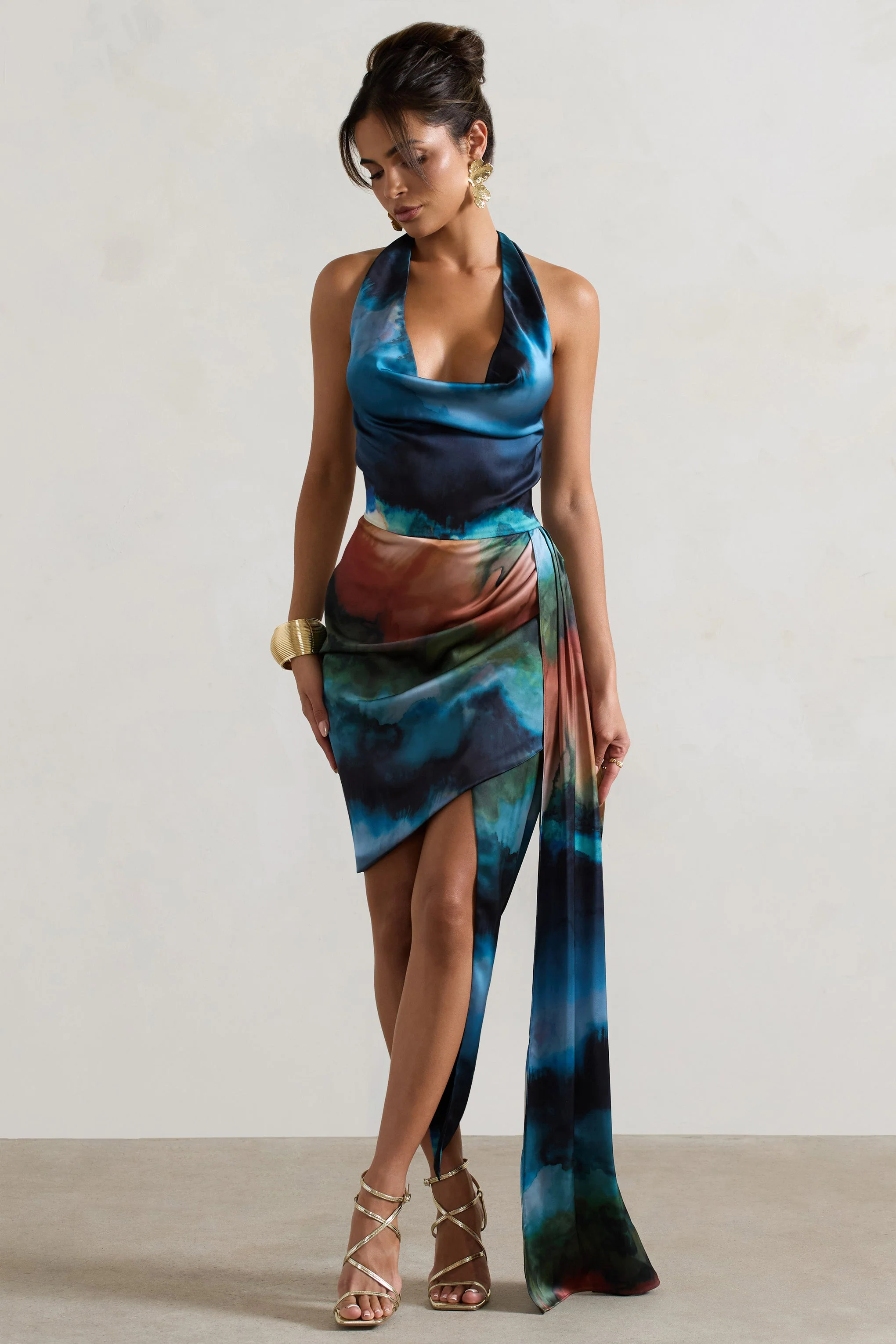 Blue Blur Print Satin Cowl-Neck Draped Midi Dress