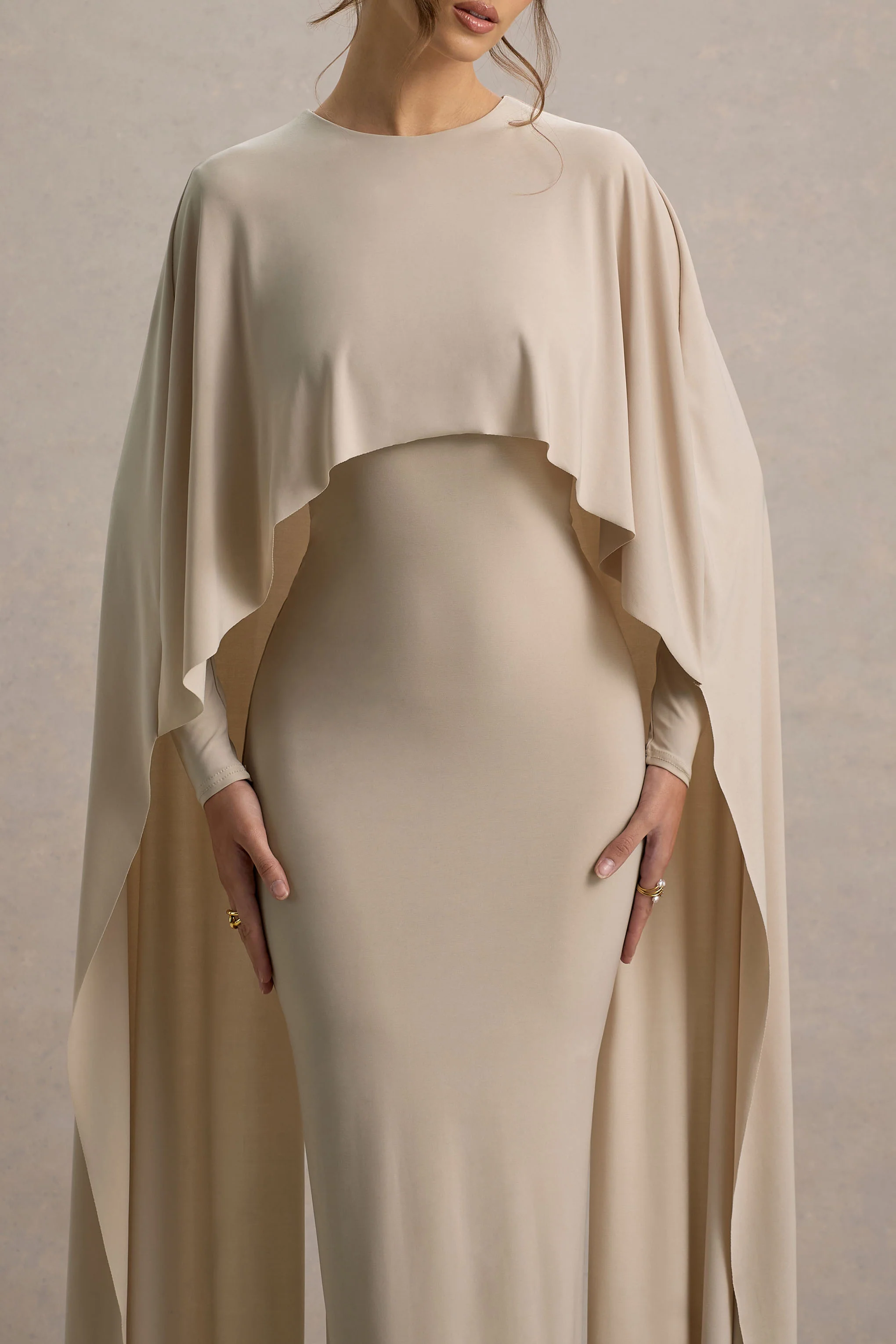 Champagne Draped Maxi Dress With Cape Sleeves