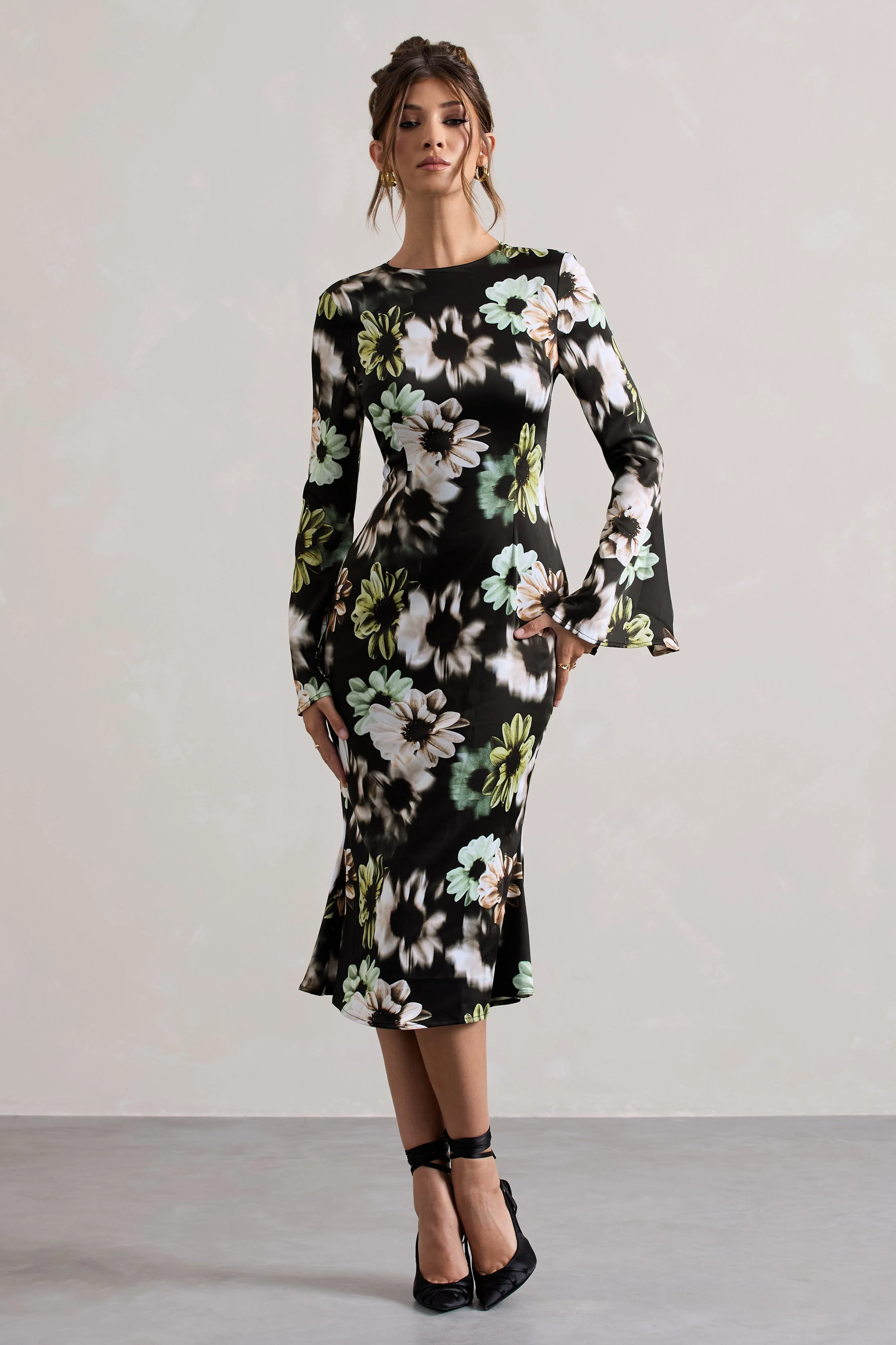 Black Floral Print Satin Long-Sleeve Midi Dress