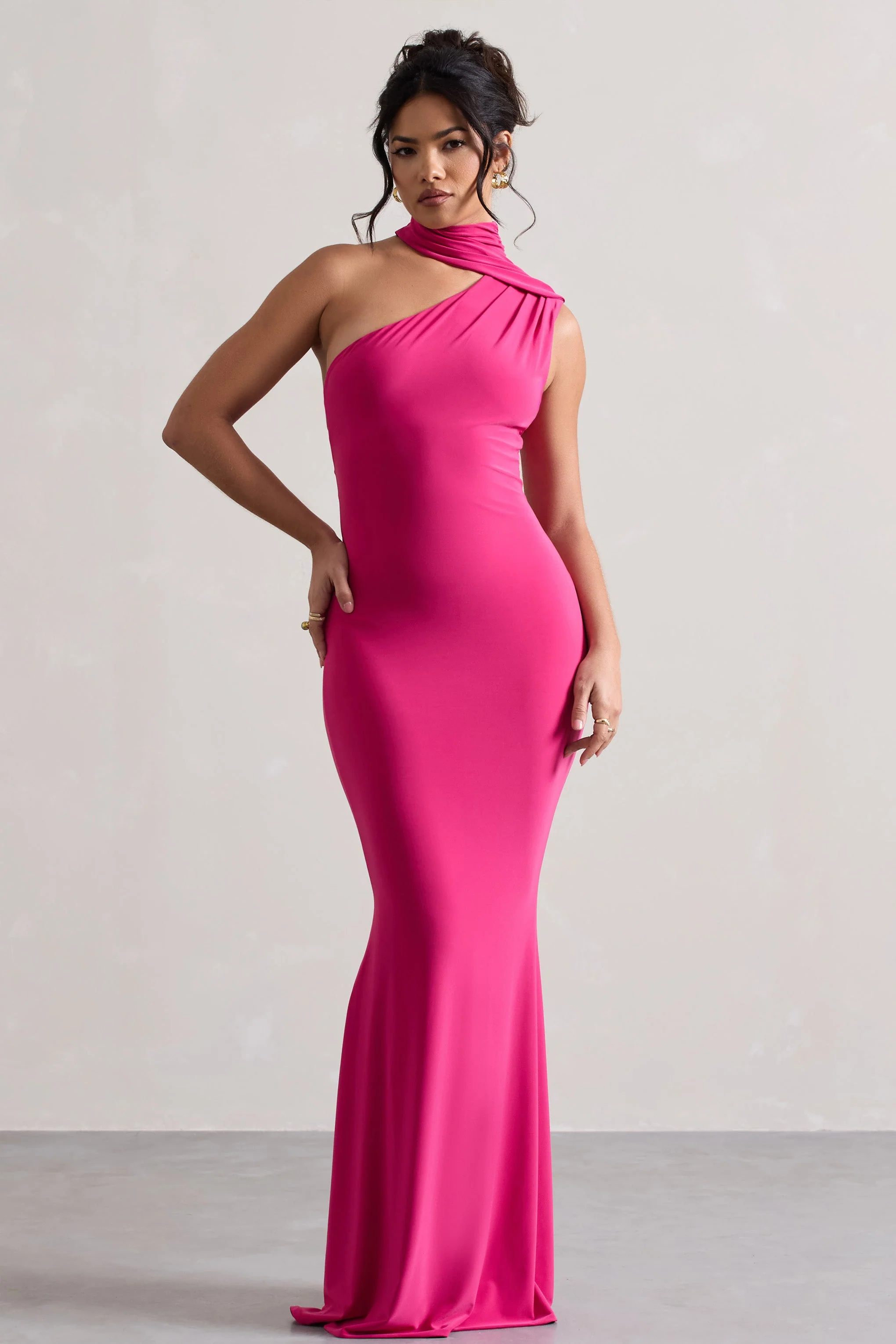 Pink One Shoulder Draped Maxi Dress